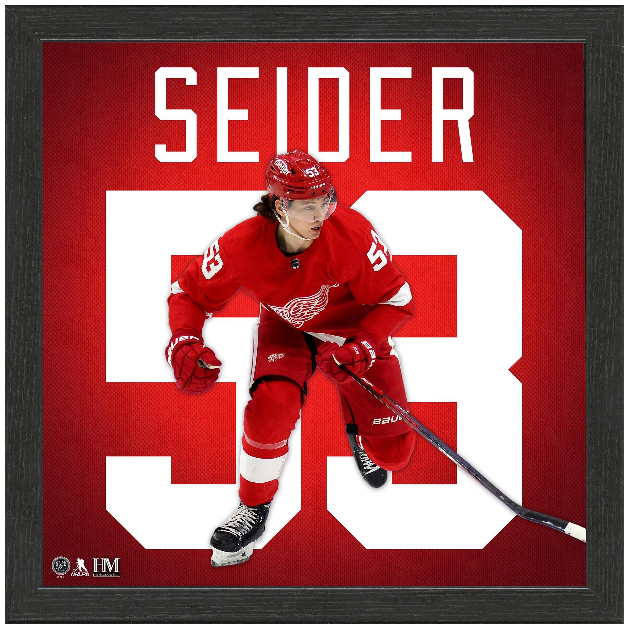 Moritz Seider Detroit Red Wings 13'' x 13'' Impact Jersey Framed Photo