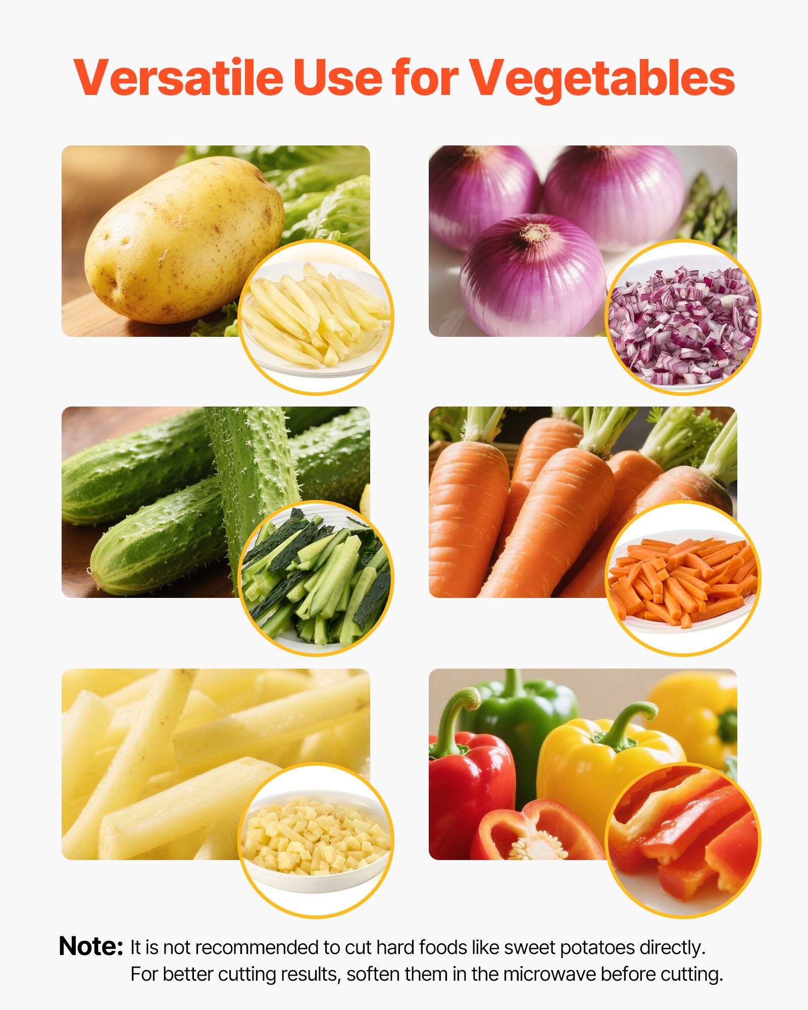 Versatile Use for Vegetables

Note: It is not recommended to cut hard foods like sweet potatoes directly. For better cutting results, soften them in the microwave before cutting.