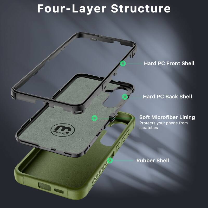 Four-Layer Structure
Hard PC Front Shell
Hard PC Back Shell
Soft Microfiber Lining
Protects your phone from scratches
Rubber Shell
MYBAT PRO