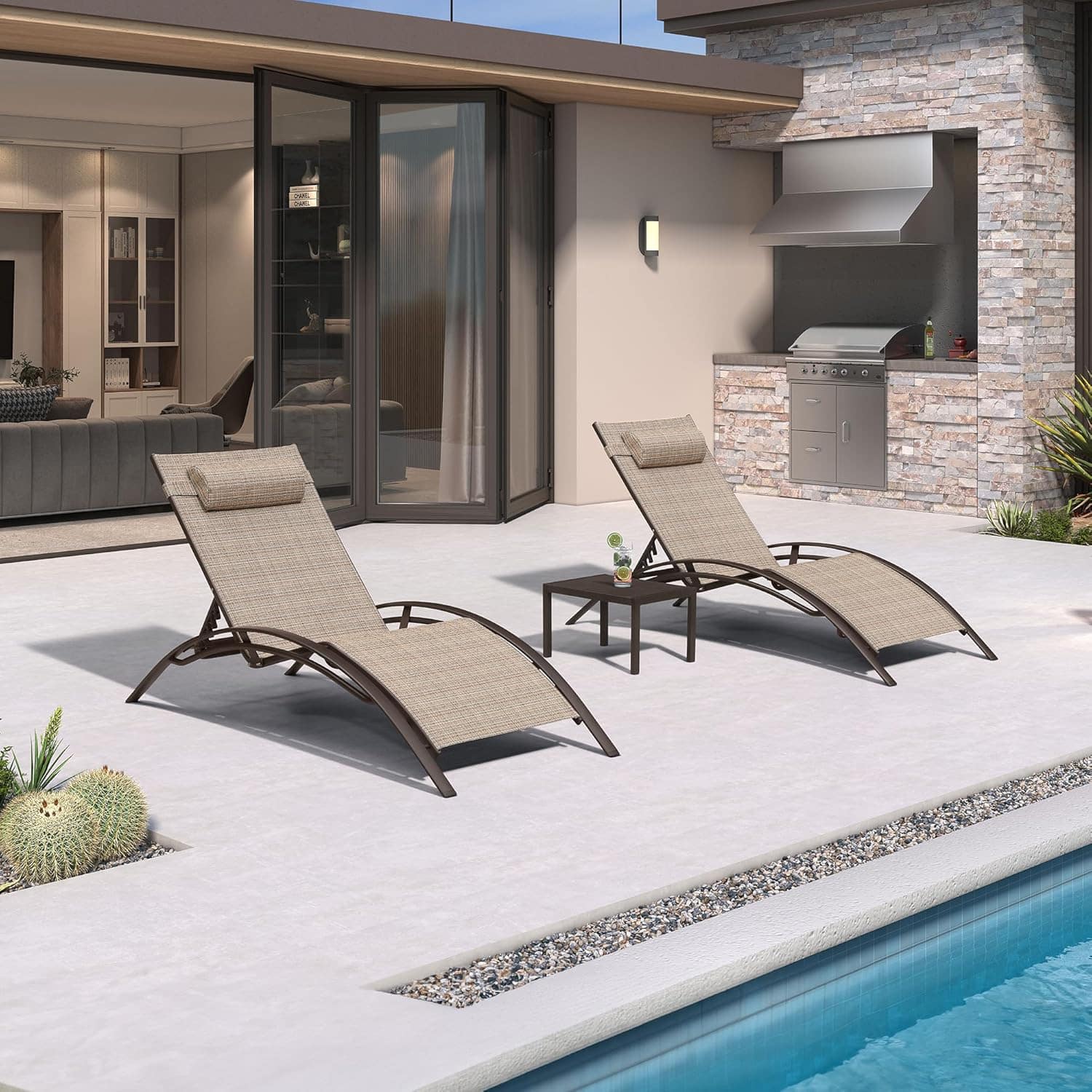 Front. PURPLE LEAF - 3-Pieces Oversized Aluminum Outdoor Chaise Lounge Patio Lounge Chair with Side Table - Khaki.