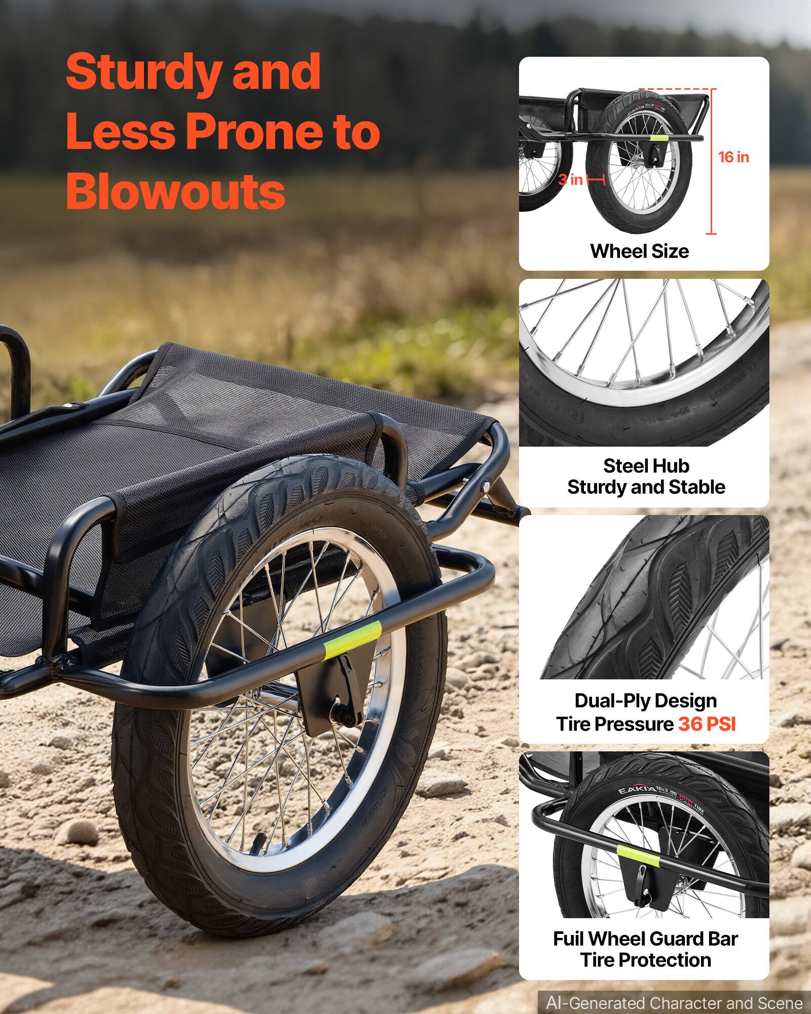 Sturdy and Less Prone to Blowouts  
3 in 16 in Wheel Size  
Steel Hub Sturdy and Stable  
Dual-Ply Design Tire Pressure 36 PSI  
Full Wheel Guard Bar Tire Protection  
AI-Generated Character and Scene