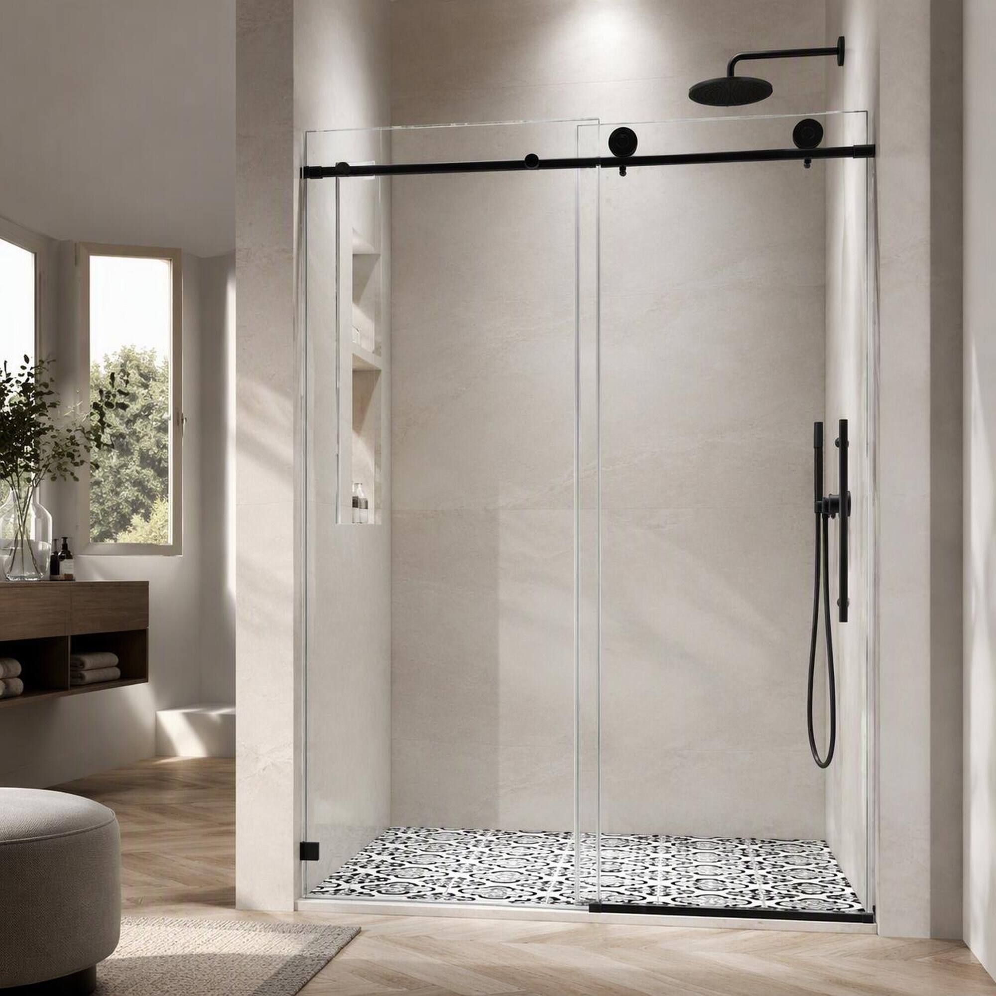 Front. RYHNUYNE - Black Frameless Shower Door With 70mm Steel Pulleys, Soft Close And Nano Easy Clean - Matte Black.