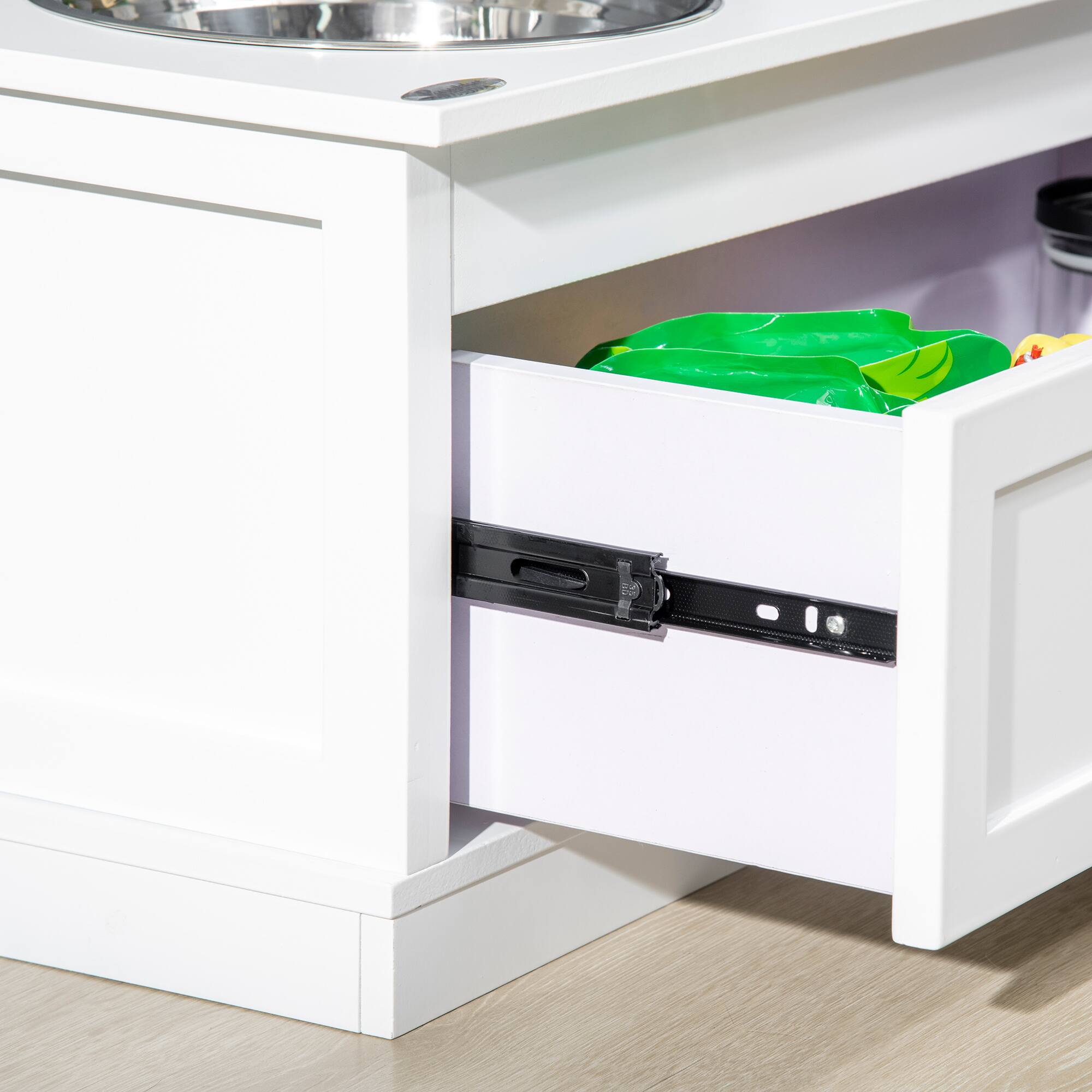 Alt View 4. Pawhut - Elevated Dog Bowls with Storage Drawer Containing 11L Capacity, Raised Bowl Stand, Food Bowl, Feeding Station - White.