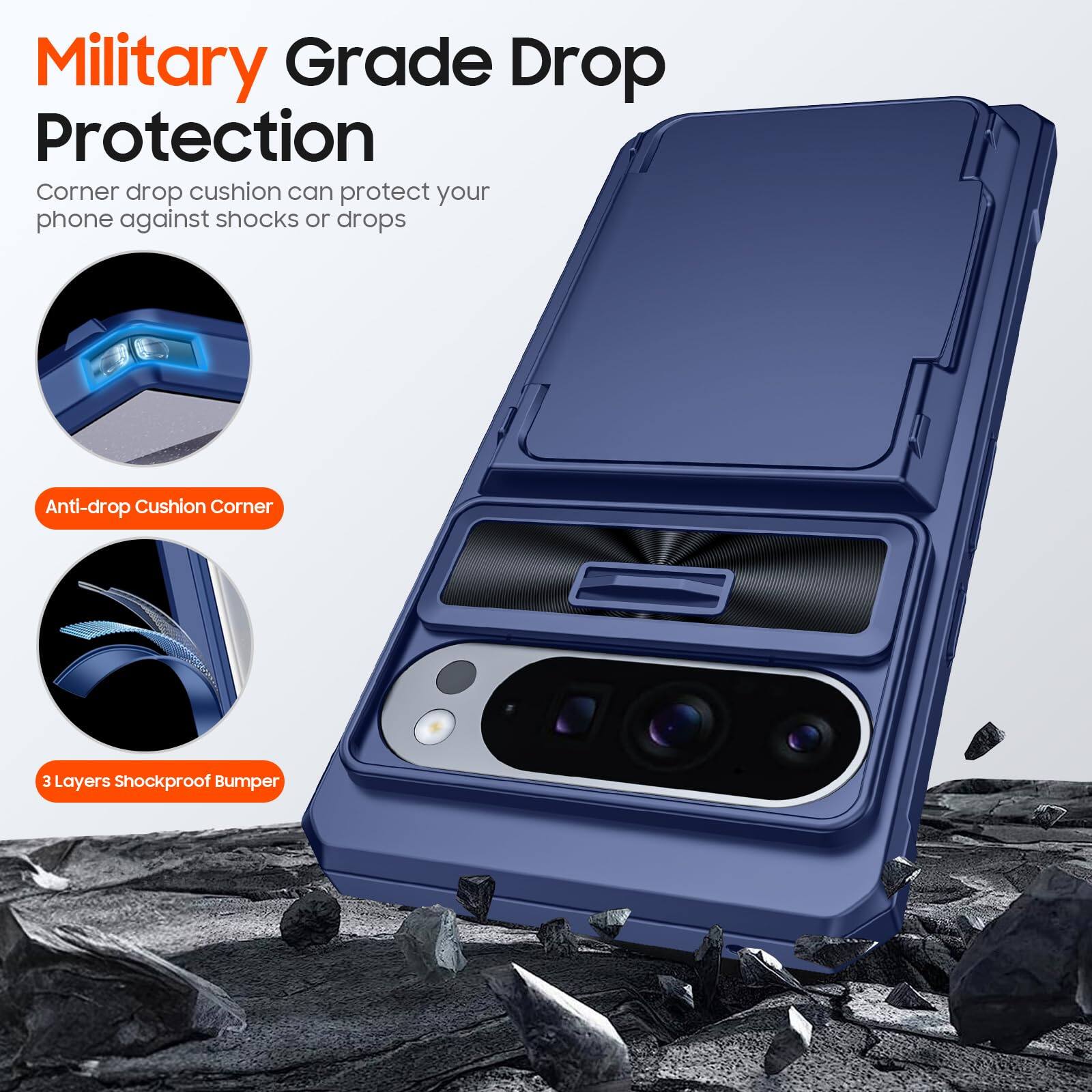 Alt View 3. Jadie Link - Cenmaso Pixel Pro Case Card Holder Cards Sliding Camera Cover Kickstandrfid Blocking Drop Protection Tpu Edge Wallet - Black+Dual Kickstand-Pixel 10 Pro Fold Case.