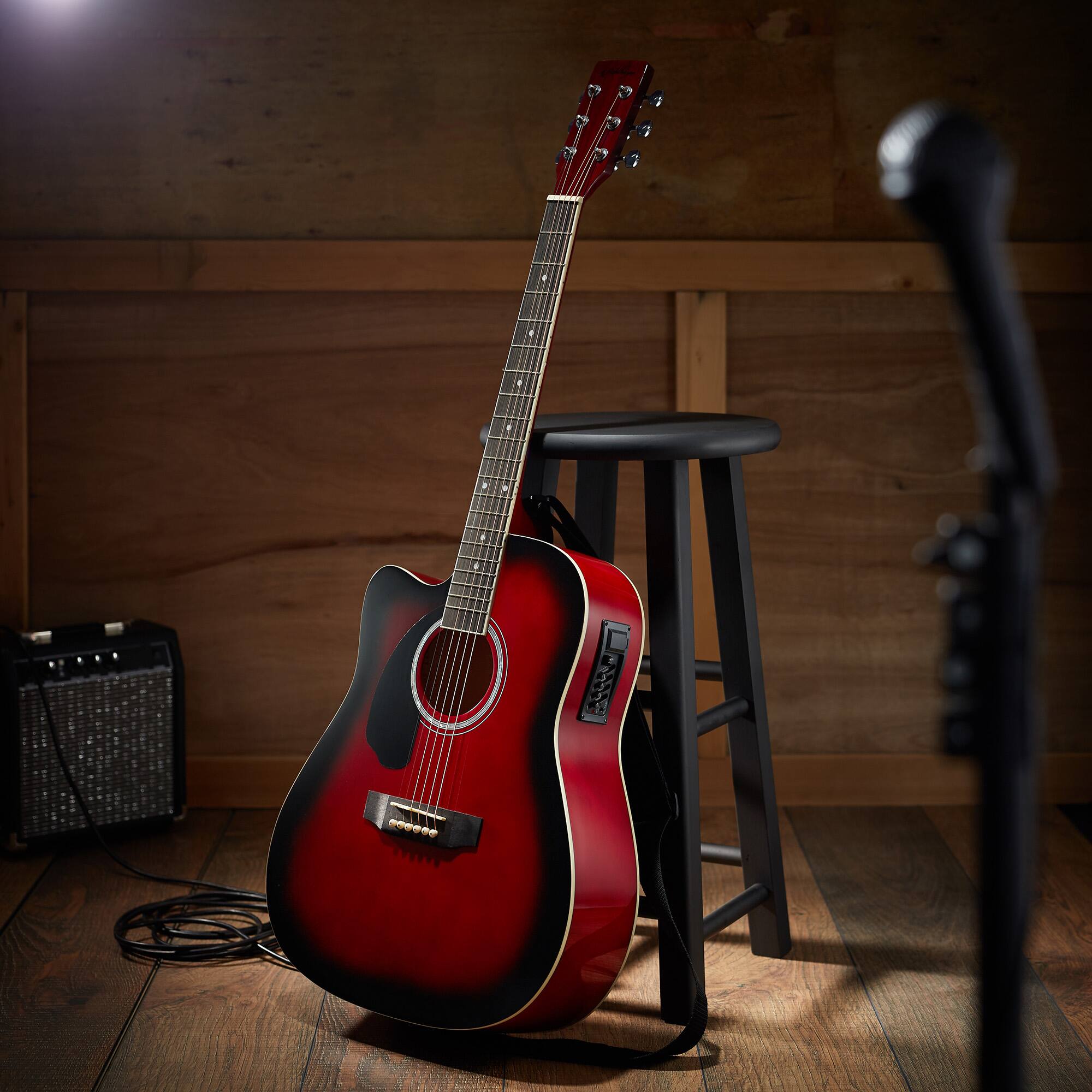 Alt View 6. Ashthorpe - 41-in Left-Hand Dreadnought Cutaway Acoustic-Electric Guitar Bundle - Red.
