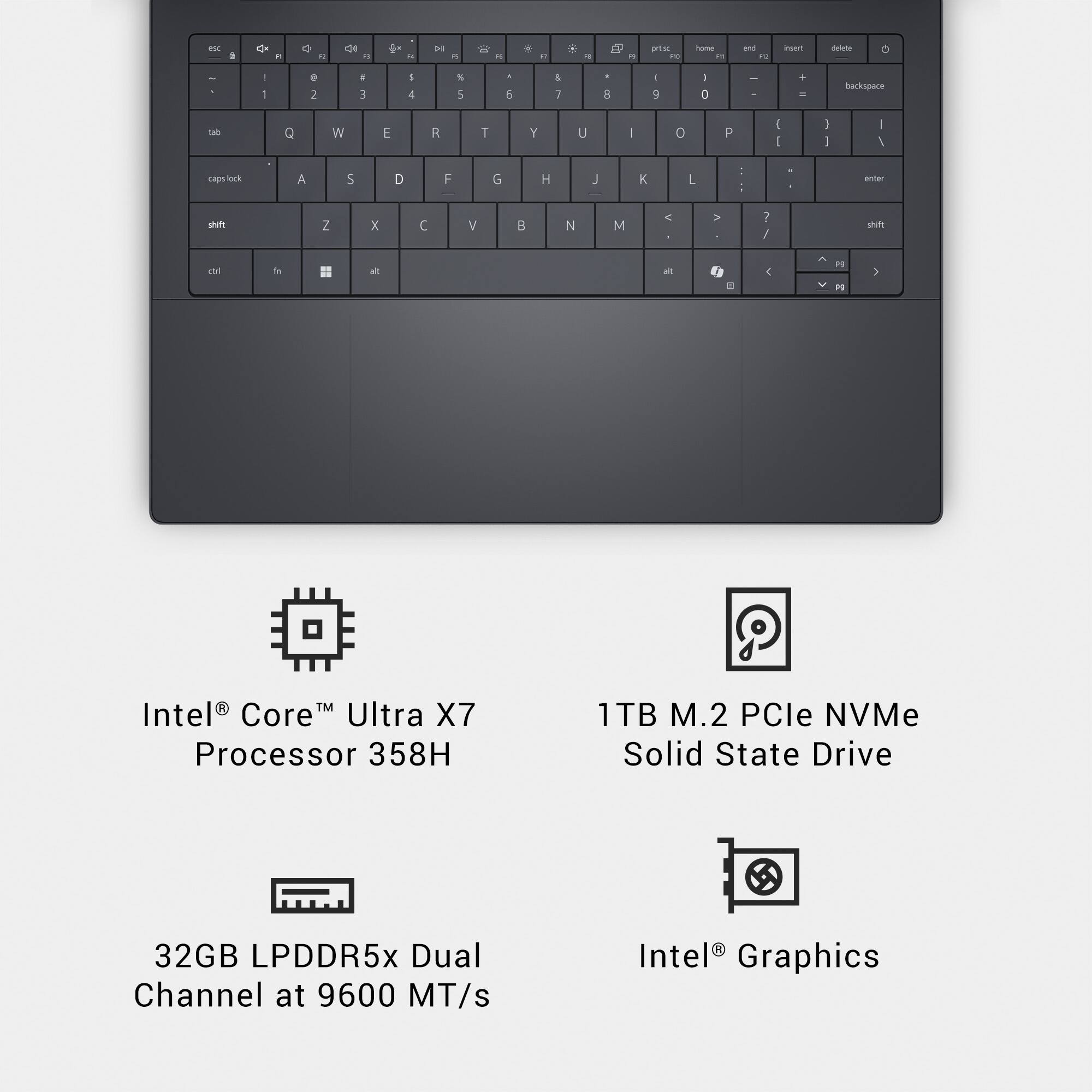Intel® Core™ Ultra X7 Processor 358H  
1TB M.2 PCIe NVMe Solid State Drive  
32GB LPDDR5x Dual Channel at 9600 MT/s  
Intel® Graphics