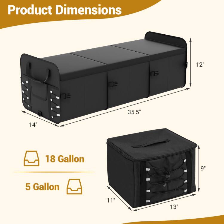 Product Dimensions

18 Gallon
- Length: 35.5"
- Width: 14"
- Height: 12"

5 Gallon
- Length: 13"
- Width: 11"
- Height: 9"