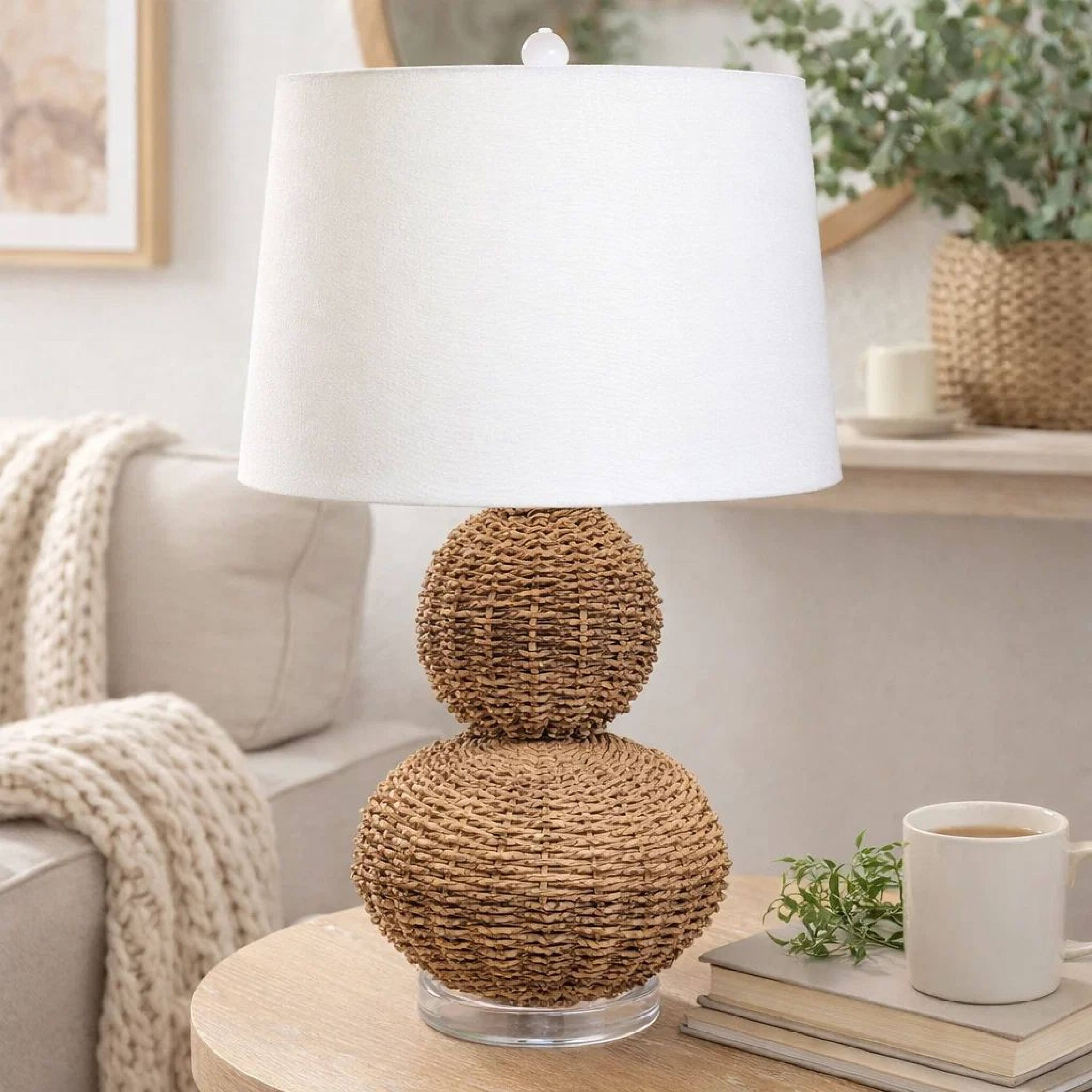 Alt View 4. Manhattan Lane - 25 Inch Table Lamp, Rattan Woven, Inverted Tapered Shade - White, Silver, Beige.