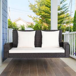 Costway - Patiojoy 2-Person Patio Rattan Hanging Porch Swing Bench Chair Cushion - White&Black