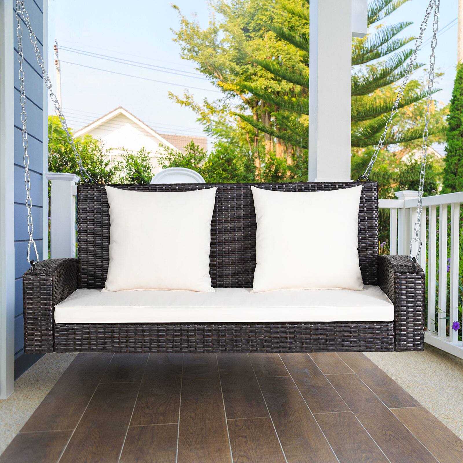 Alt View 1. Costway - Costway Patiojoy 2-Person Patio Rattan Hanging Porch Swing Bench Chair Cushion - White,Black.