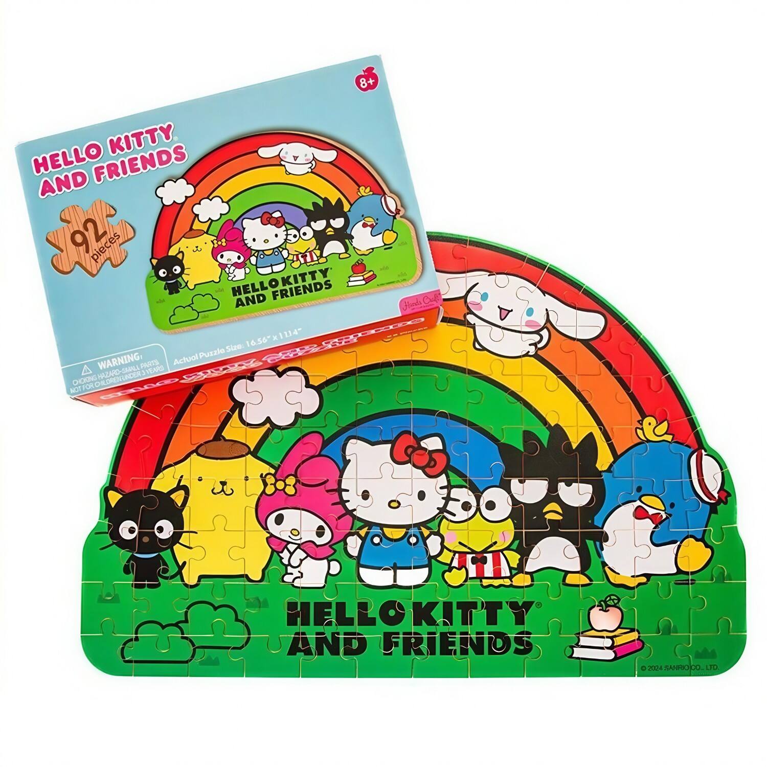 8+ HELLO KITTY AND FRIENDS  
92 pieces  
HELLO KITTY AND FRIENDS  
Size: 16.56" x 11.14"  
WARNING: CHOKING HAZARD - SMALL PARTS. Not for children under 3 years.  
Actual Puzzle Size: 16.56" x 11.14"  
©2004 SANRIO CO., LTD.