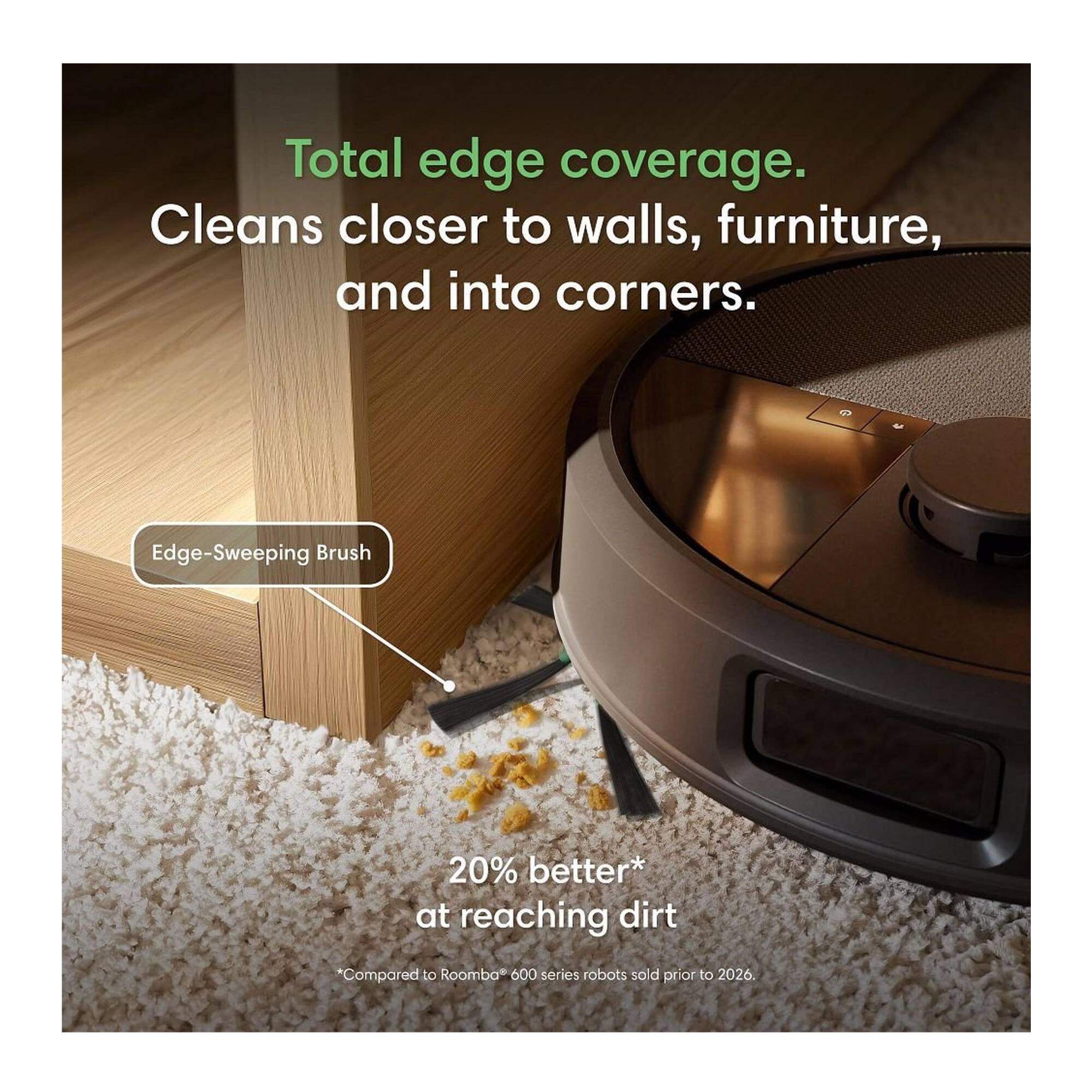 Total edge coverage. Cleans closer to walls, furniture, and into corners.

Edge-Sweeping Brush

20% better* at reaching dirt

*Compared to Roomba 600 series robots sold prior to 2026.