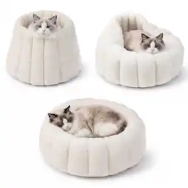 PawsPik - 3-in-1 Convertible Plush Cave & Donut Bolster Dog & Cat Bed, Medium - Cream