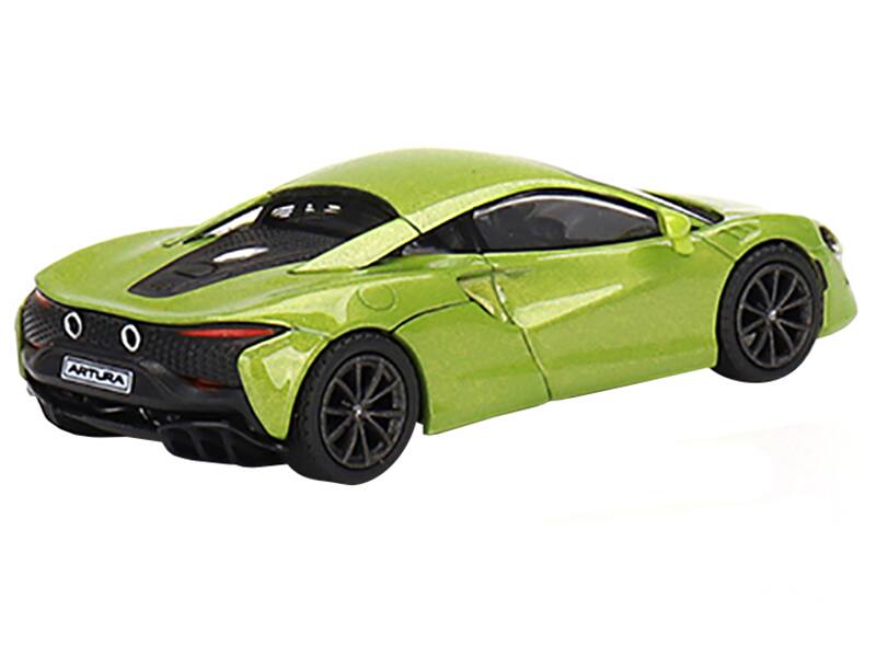 Left. Mini GT - McLaren Artura Flux Green Metallic Limited Edition to 2040 pieces Worldwide 1/64 Diecast Model Car by Mini GT - Green Metallic.