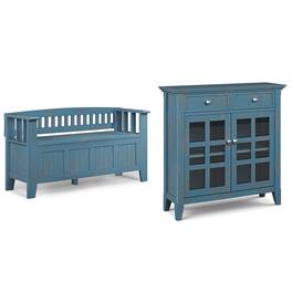 Simpli Home - Acadian Solid Wood 48 inch Wide Storage Bench and 36 inch Wide Storage Cabinet - Distressed Coastal Blue