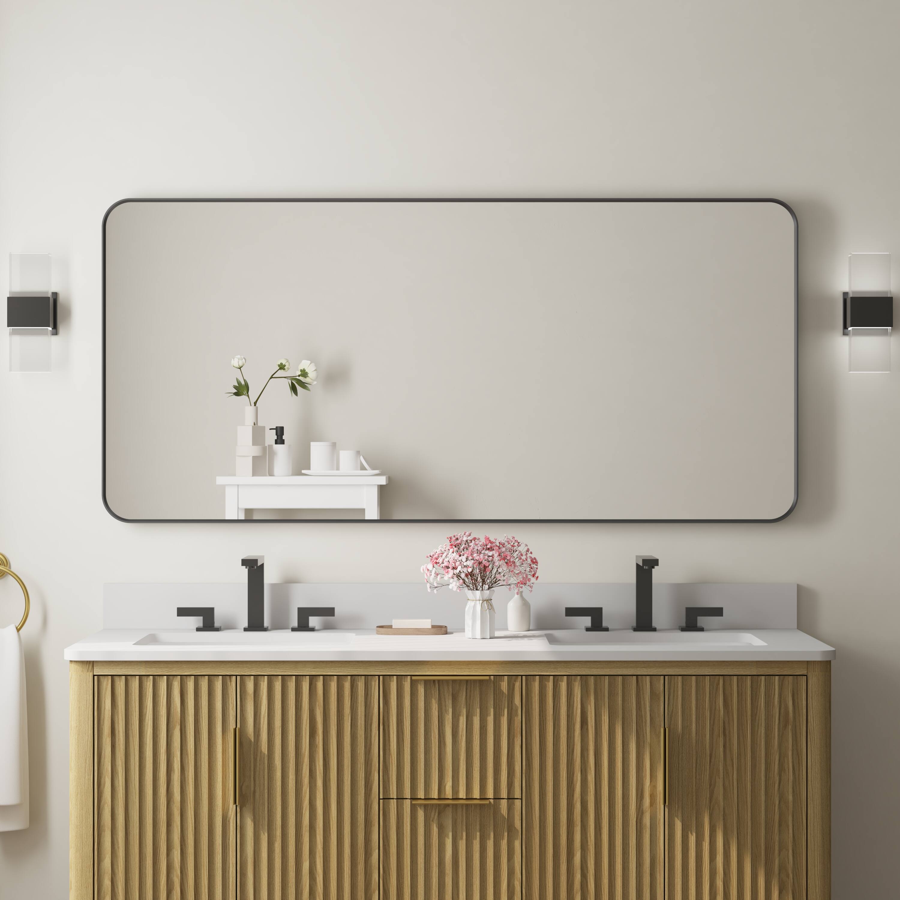 Angle. WELLFOR - 60 in. W. x 28 in. H Rectangular Aluminum Framed Wall-Mounted Bathroom Vanity Mirror - Matte Black.