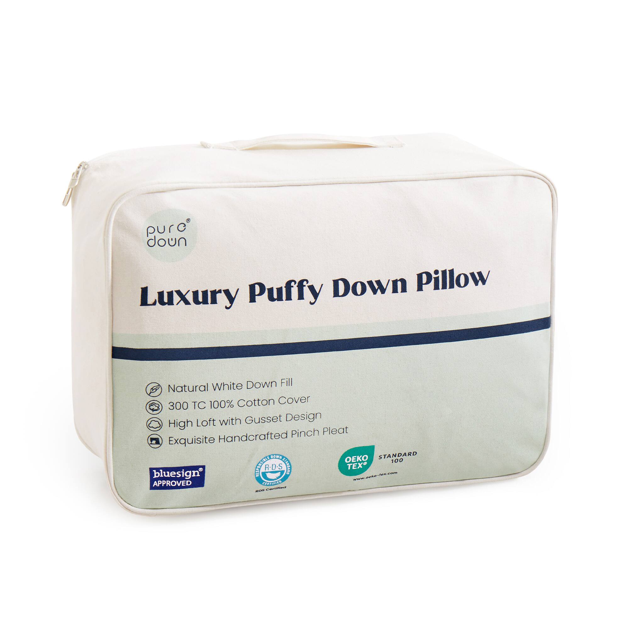 purc down Down Pillow Luxury Puffy White Down Fill Natural 100% Cotton Cover 300 TC Loft with Gusset Design High Pinch Pleat Exquisite Handcrafted MT OEKO STANDARD 100 bluesign PUESICT R-0S AREOE TEX* APPROVED CarEs -