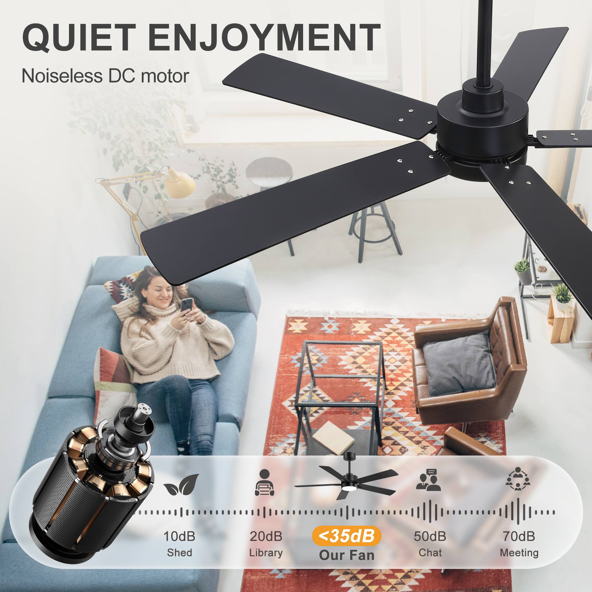 QUIET ENJOYMENT  
Noiseless DC motor  

10dB Shed  
20dB Library  
<35dB Our Fan  
50dB Chat  
70dB Meeting