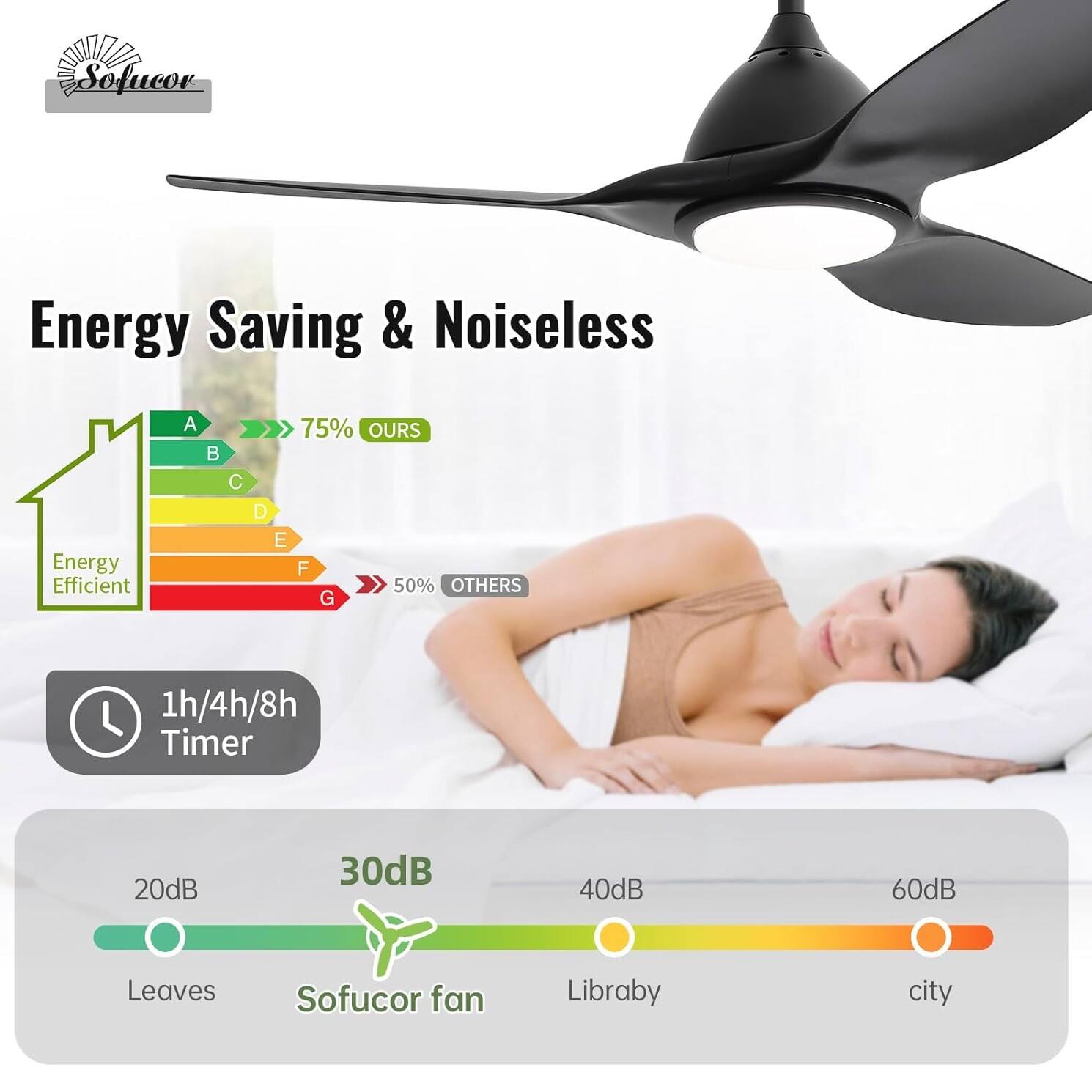 Energy Saving & Noiseless

Energy Efficient
A >>> 75% OURS
B
C
D
E
F >>> 50% OTHERS
G

1h/4h/8h Timer

20dB Leaves
30dB Sofucor fan
40dB Library
60dB City