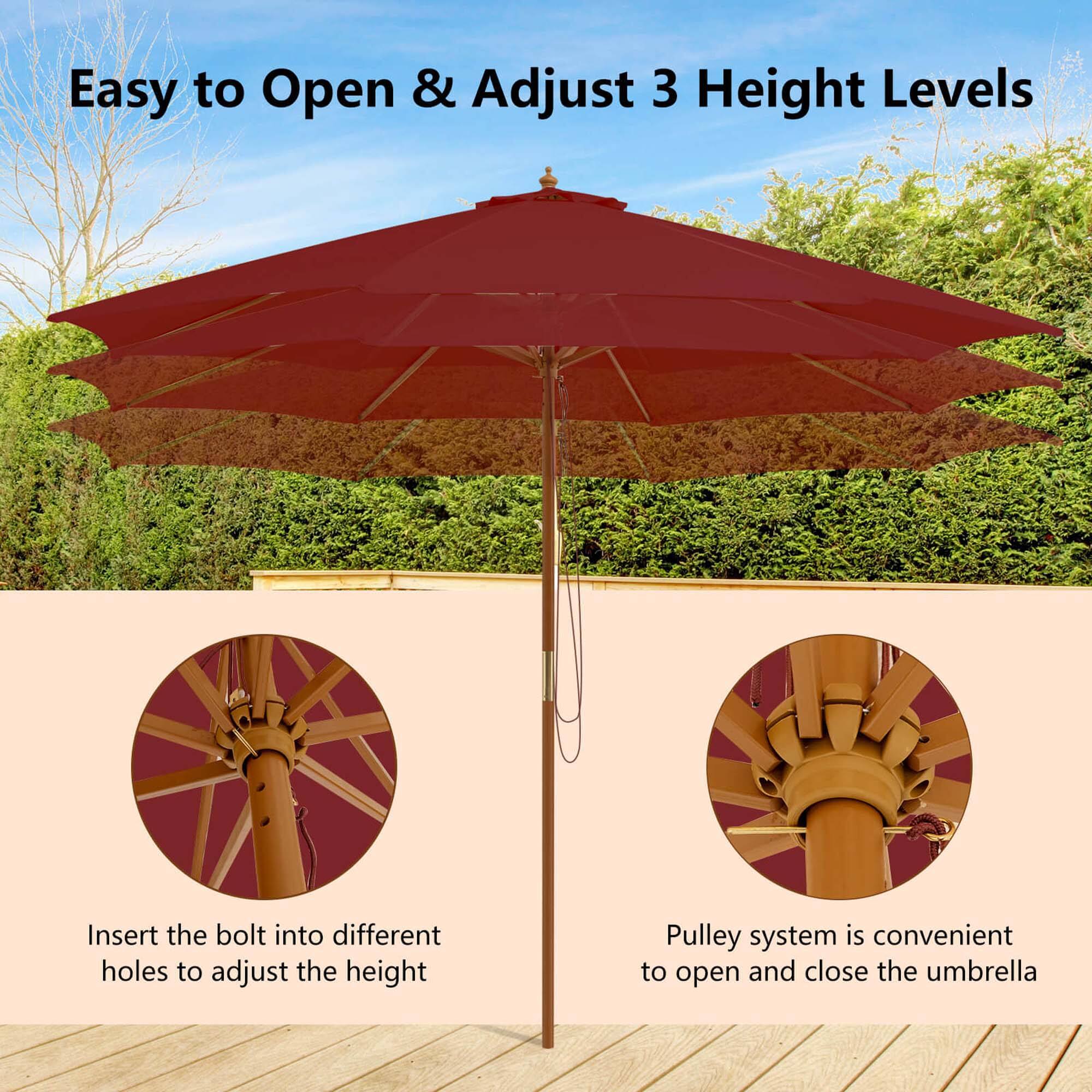 Easy to Open & Adjust 3 Height Levels:

1. Insert the bolt into different holes to adjust the height.
2. Pulley system is convenient to open and close the umbrella.