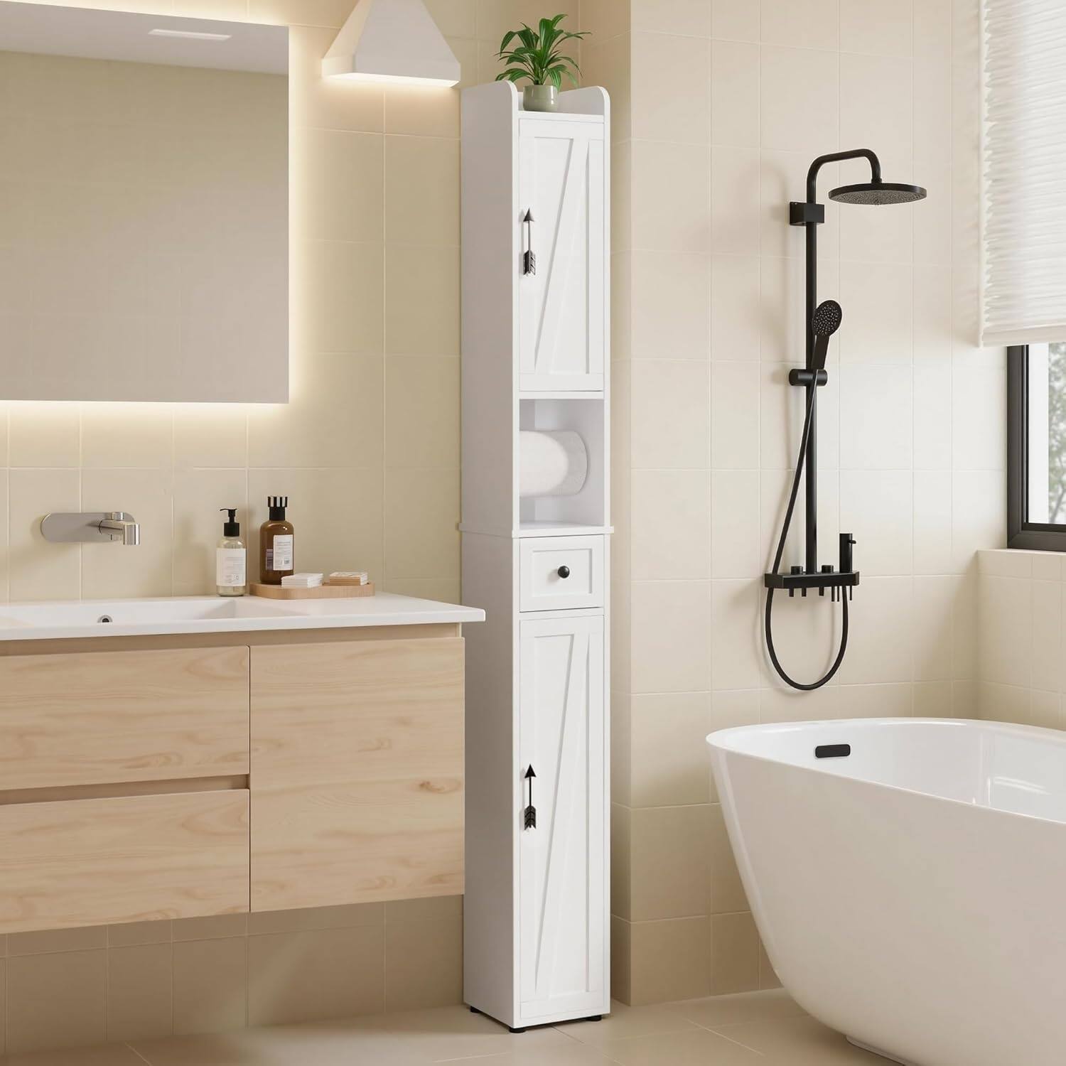 Back. Vecelo - Tall Slim Bathroom Storage Cabinet, Freestanding Waterproof Linen Tower with Adjustable Shelves for Small Spaces - Simple.