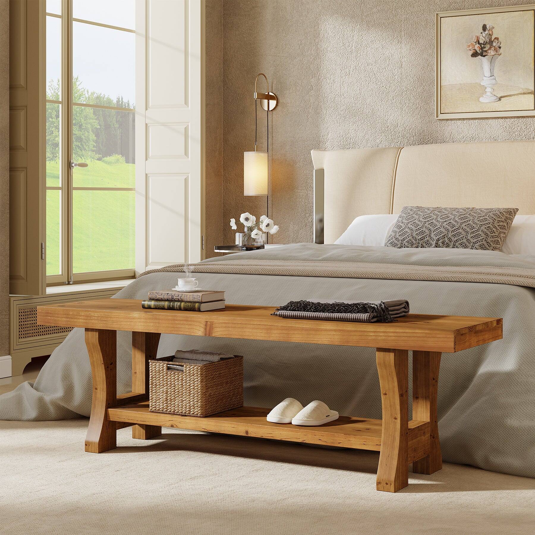 Alt View 2. Tribesigns - Office Reception Bench with Solid Wood Construction, Storage Shelves, for Office Entryways and Waiting Areas - Brown.