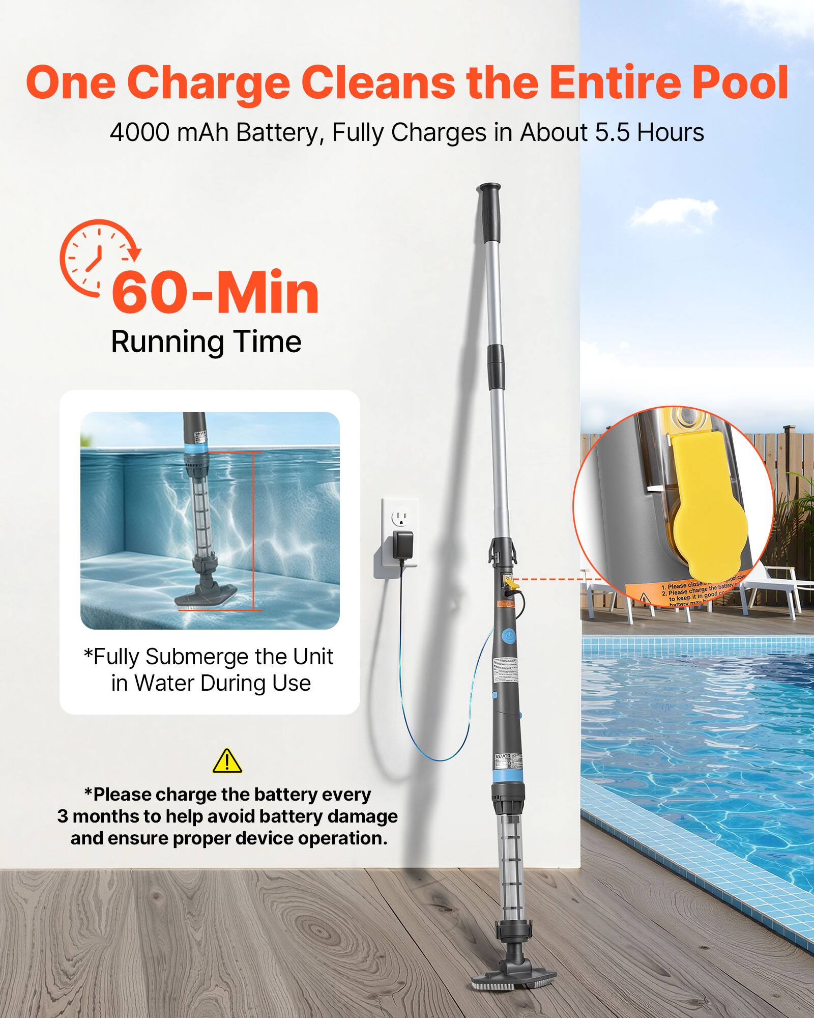 One Charge Cleans the Entire Pool  
4000 mAh Battery, Fully Charges in About 5.5 Hours  
60-Min Running Time  

*Fully Submerge the Unit in Water During Use!  
*Please charge the battery every 3 months to help avoid battery damage and ensure proper device operation.