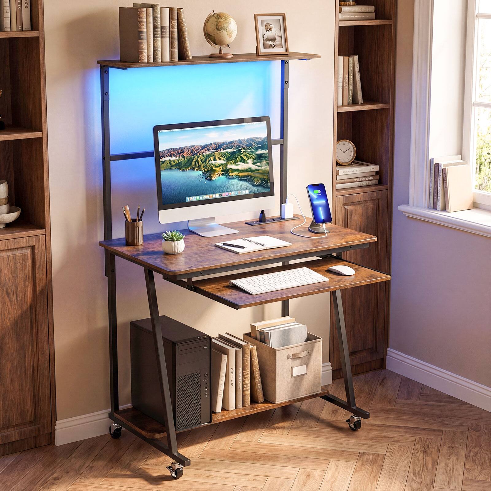 Alt View 4. Costway - Costway Rolling Office Desk with Charging Station Lights Hutch Keyboard Tray Bottom Shelf - Rustic Brown.