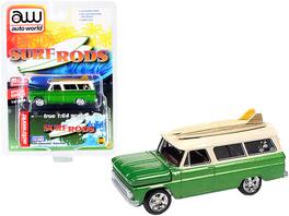 Autoworld - 1965 Chevrolet Suburban Green Cream Two Surfboards Surf Rods Limited Edition 3600 1/64 Diecast Auto World - Green Metallic And Cream