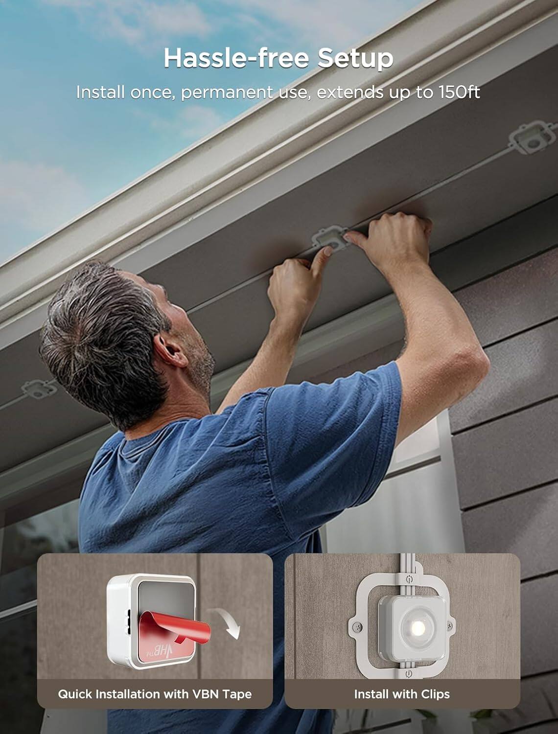 Hassle-free Setup  
Install once, permanent use, extends up to 150ft  

Quick Installation with VBN Tape  
Install with Clips