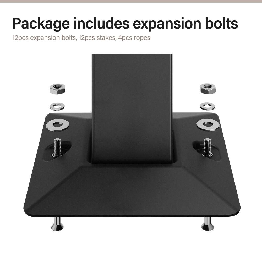 Package includes expansion bolts  
12pcs expansion bolts, 12pcs stakes, 4pcs ropes