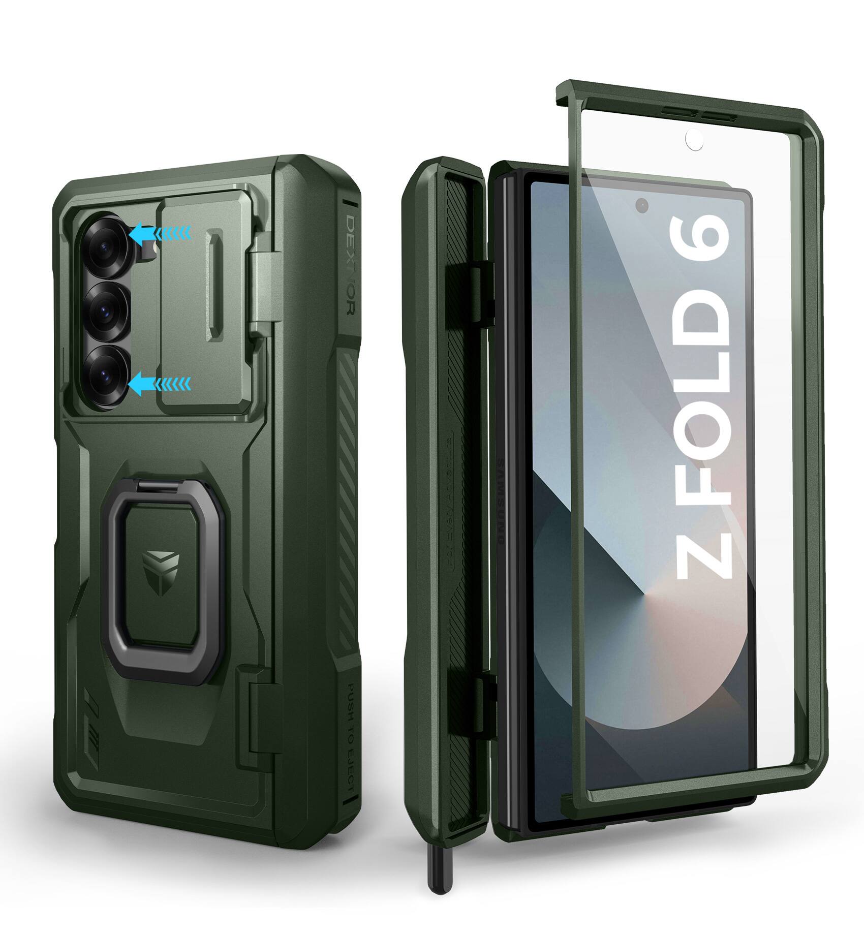 Dexnor - Bumper Case for Samsung Galaxy Z Fold 6 with S Pen Holder, Camera Cover, Hinge Protection, Screen Protector - Army Green