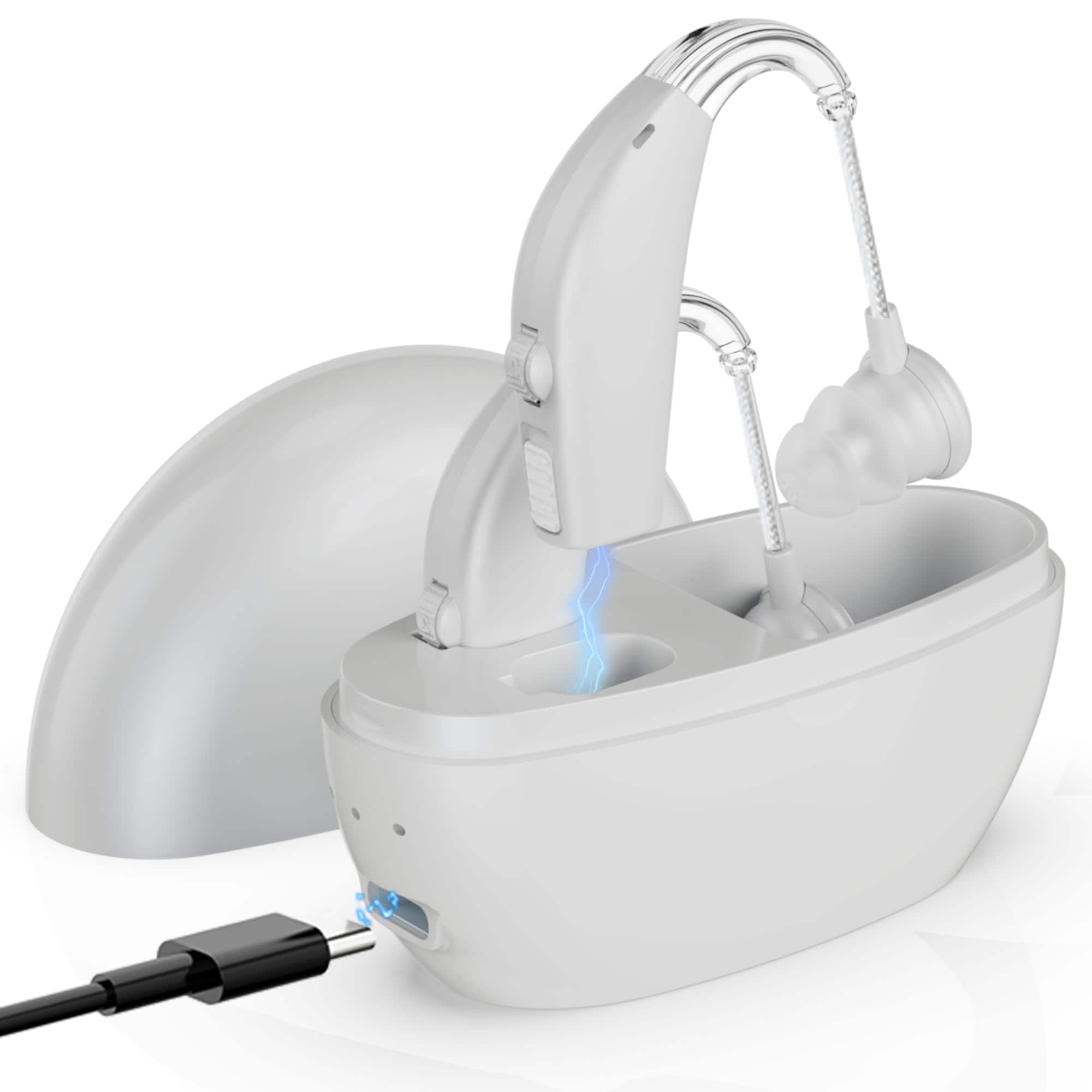 MEDca - Digital Hearing Amplifier (Pair of 2) – Personal Sound Enhancer, Rechargeable Hearing Aid Amplifiers, White - White Amplifier w/ White Charger