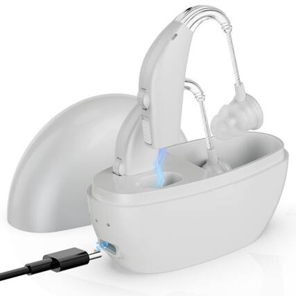 Front. MEDca - Digital Hearing Amplifier (Pair of 2) – Personal Sound Enhancer, Rechargeable Hearing Aid Amplifiers, White - White Amplifier w/ White Charger.