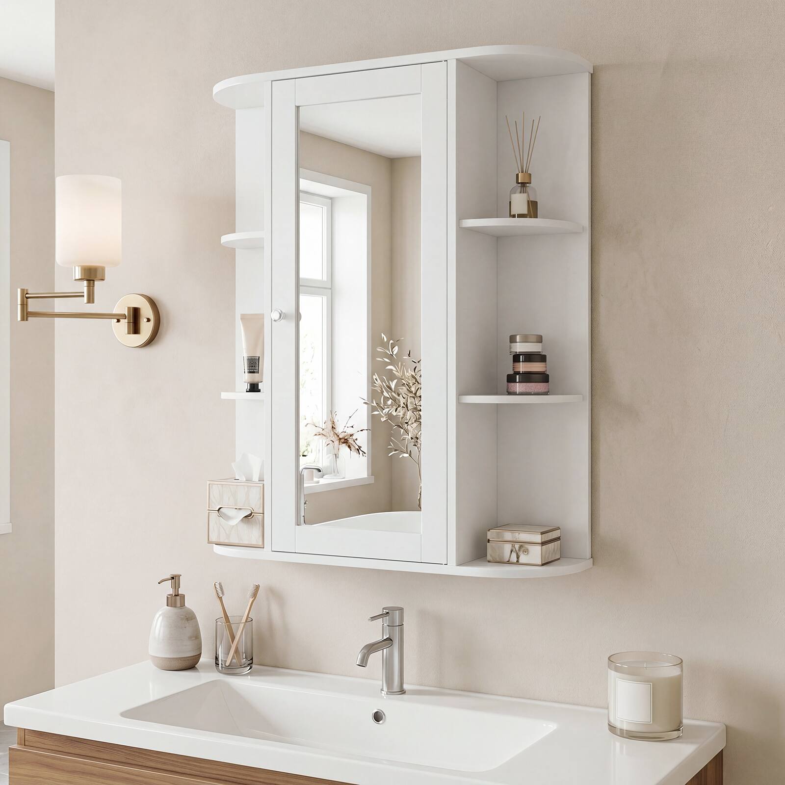 Alt View 1. Costway - Costway Bathroom Cabinet Single Door Shelves Wall Mount Cabinet with Mirror - White.