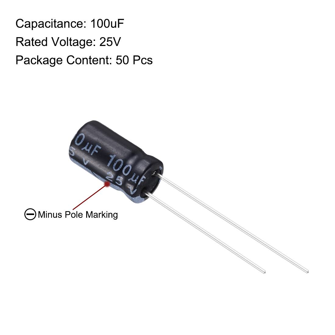 Capacitance: 100uF  
Rated Voltage: 25V  
Package Content: 50 Pcs  

Minus Pole Marking
