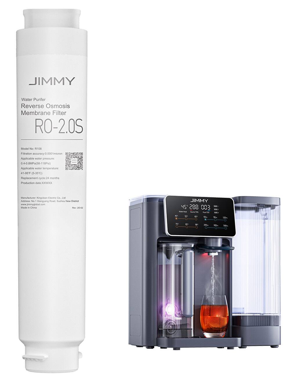 **JIMMY**

Water Purifier  
Reverse Osmosis  
Membrane Filter  
RO-2.0S  

Model No: R108  
Filtration accuracy: 0.0001 micron  
Applicable water pressure: 0.4-0.8MPa (58-118PSI)  
Applicable water temperature: 41-95°F (5-35°C)  
Replacement cycle: 24 months  
Production date: XXXX  

Manufacturer: Kingclean Electric Co., Ltd  
Address: No. 1 Xiangyang Road, Suzhou New District  
Website: www.jimmyglobal.com  
Made in China  

**JIMMY**  
45°C  
288 003  
Water Feed: 100%  
Power: 100%  
Water Feed: 100%  
Power: 100%  
Water Feed: 100%  
Power: 100%  
Water Feed: 100%  
Power: 100%  
Water Feed: 100%  
Power: 100%  
Water Feed: 100%  
Power: 100%  
Water Feed: 100%  
Power: 100%  
Water Feed: 100%  
Power: 100%  
Water Feed: 100%  
Power: 100%  
Water Feed: 100%  
Power: 100%  
Water Feed: 100%  
Power: 100%  
Water Feed: 100%  
Power: 100%  
Water Feed: 100%  
Power: 100%  
Water Feed: 100%  
Power: 100%  
Water Feed: 100%  
Power: 100%  
Water Feed: 100%  
Power: 100%  
Water Feed: 100%  
Power: 100%  
Water Feed: 100%  
Power: 100%  
Water Feed: 100%  
Power: 100%  
Water Feed: 100%  
Power: 100%  
Water Feed: 100%  
