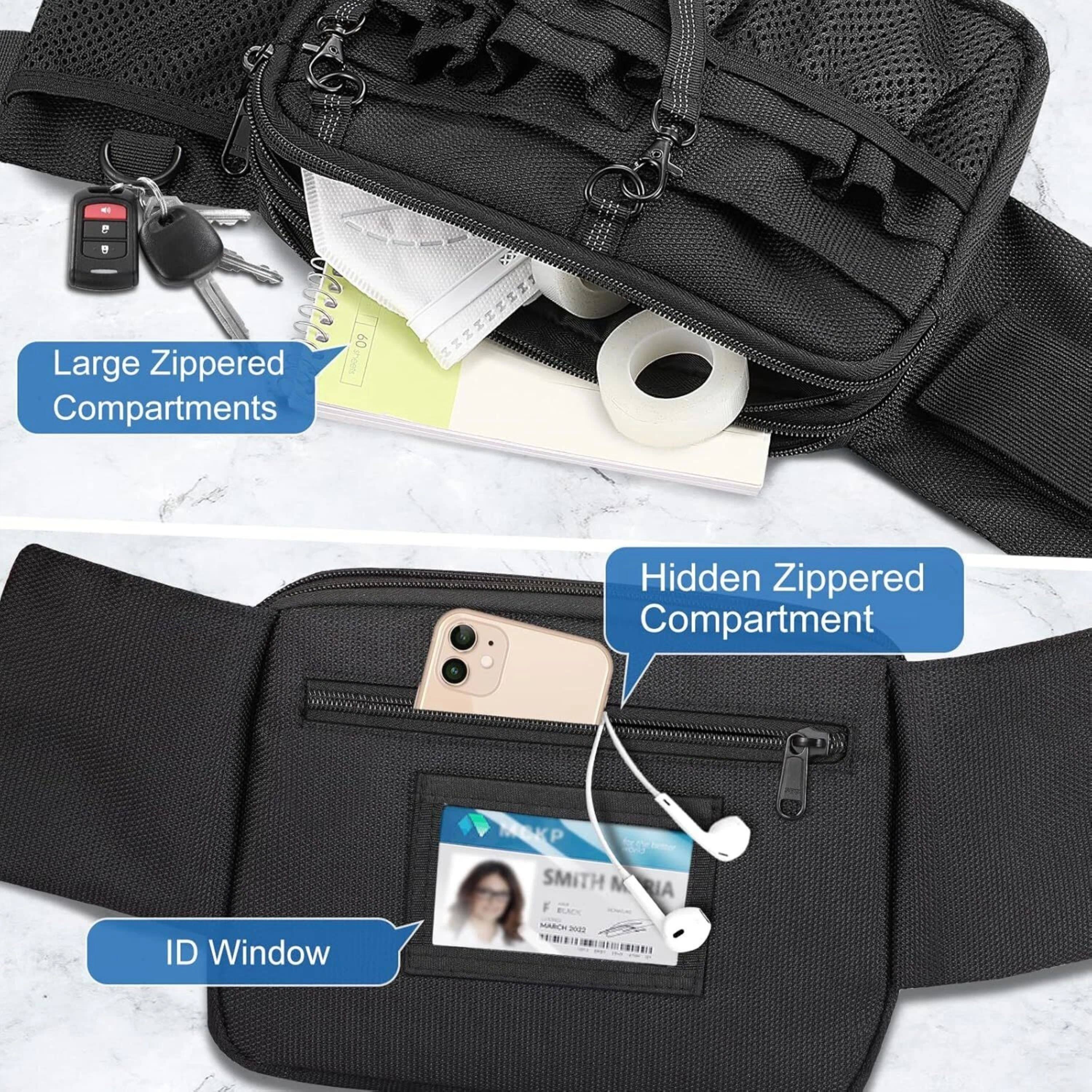 Large Zippered Compartments  
Hidden Zippered Compartment  
ID Window