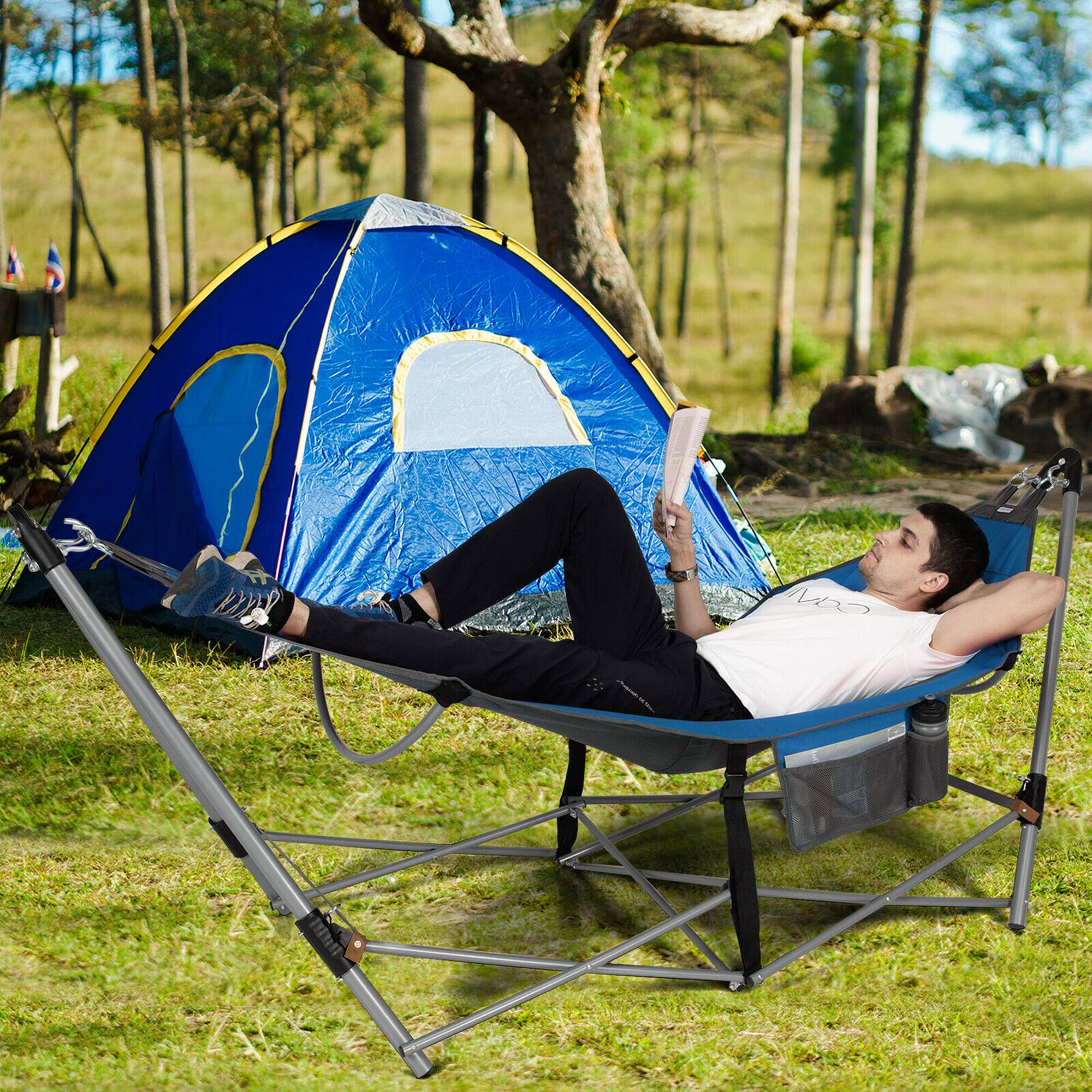 Alt View 1. Costway - Costway Folding Hammock Indoor & Outdoor Hammock with Side Pocket & Iron Stand - Blue.
