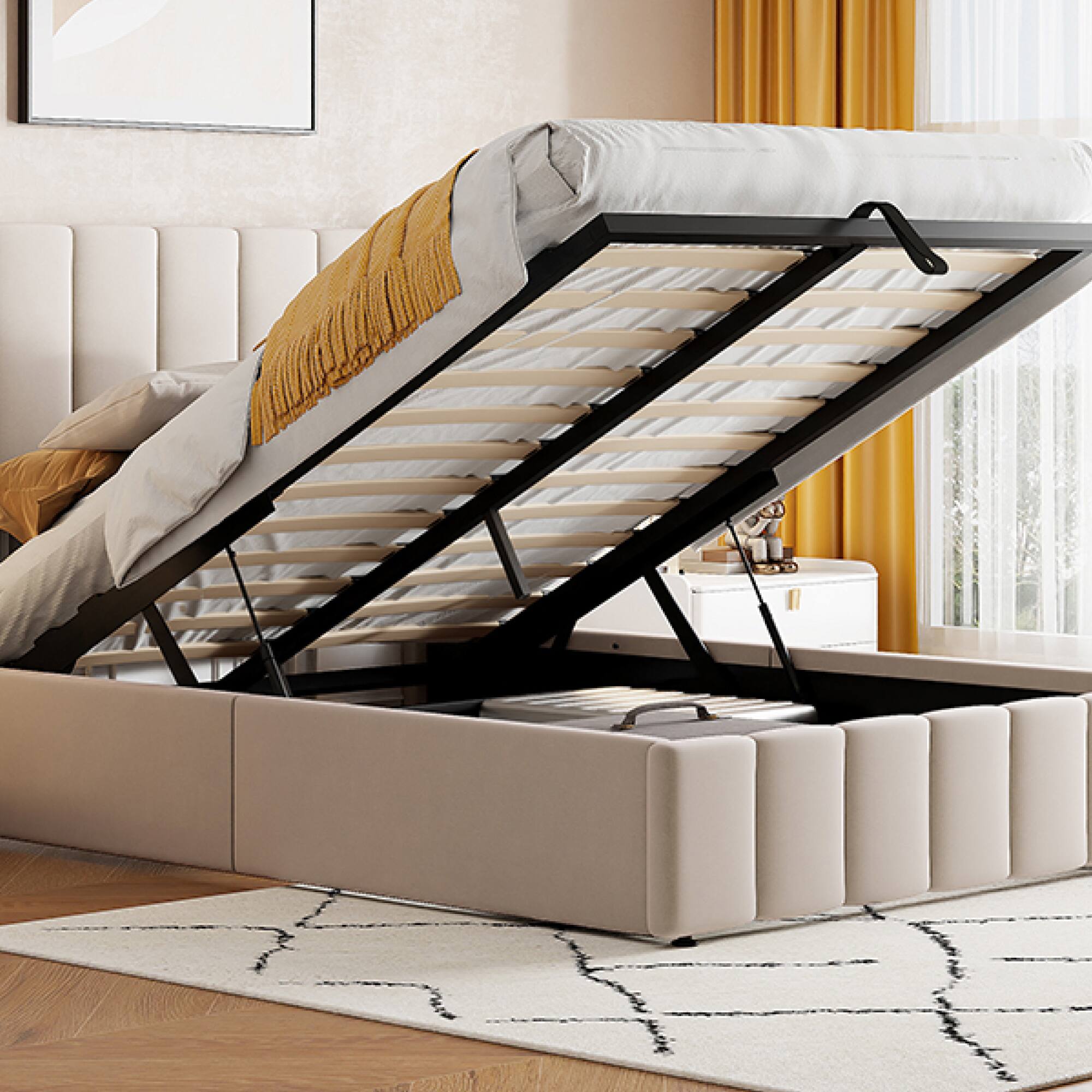 Alt View 9. GOODSILO - Full Size Upholstered Platform Bed with Hydraulic Storage System and Wooden Slat Support - Beige.