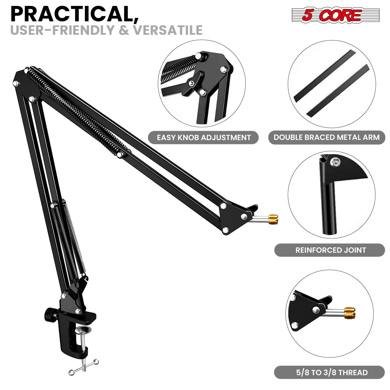 PRACTICAL, USER-FRIENDLY & VERSATILE 5 CORE EASY KNOB ADJUSTMENT DOUBLE BRACED METAL ARM REINFORCED JOINT 5/8 TO 3/8 THREAD