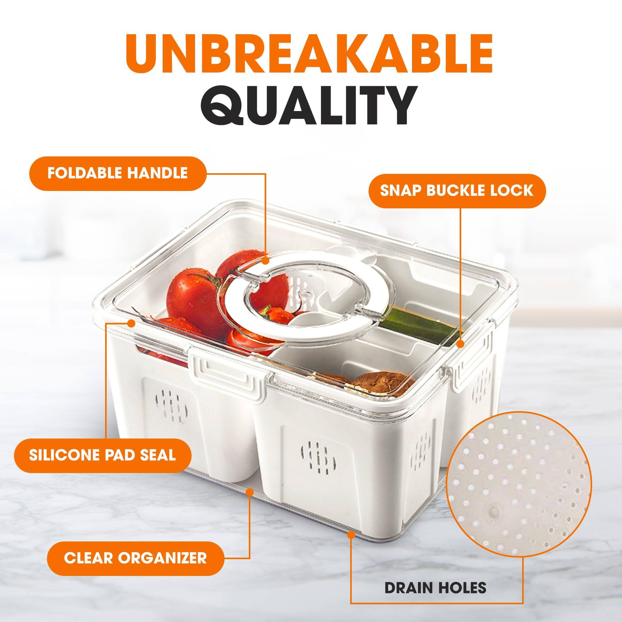 UNBREAKABLE QUALITY  
FOLDABLE HANDLE  
SNAP BUCKLE LOCK  
SILICONE PAD SEAL  
CLEAR ORGANIZER  
DRAIN HOLES