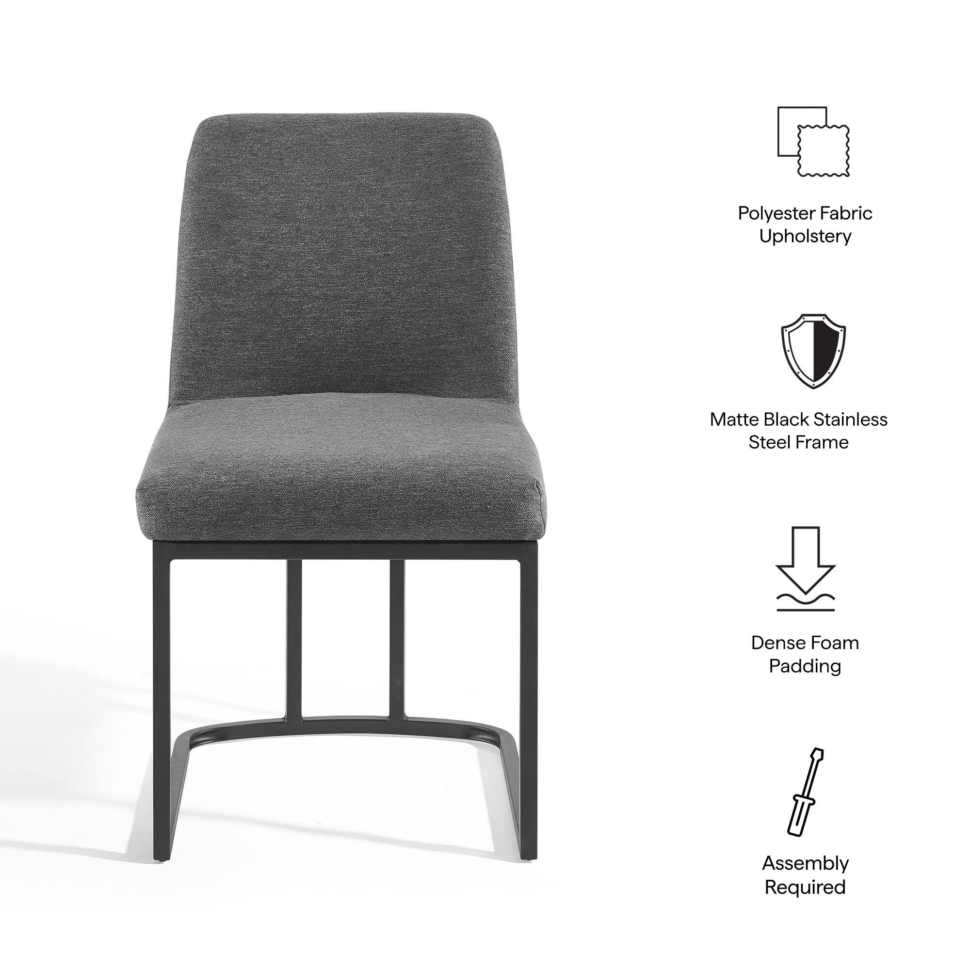 - Polyester Fabric Upholstery
- Matte Black Stainless Steel Frame
- Dense Foam Padding
- Assembly Required