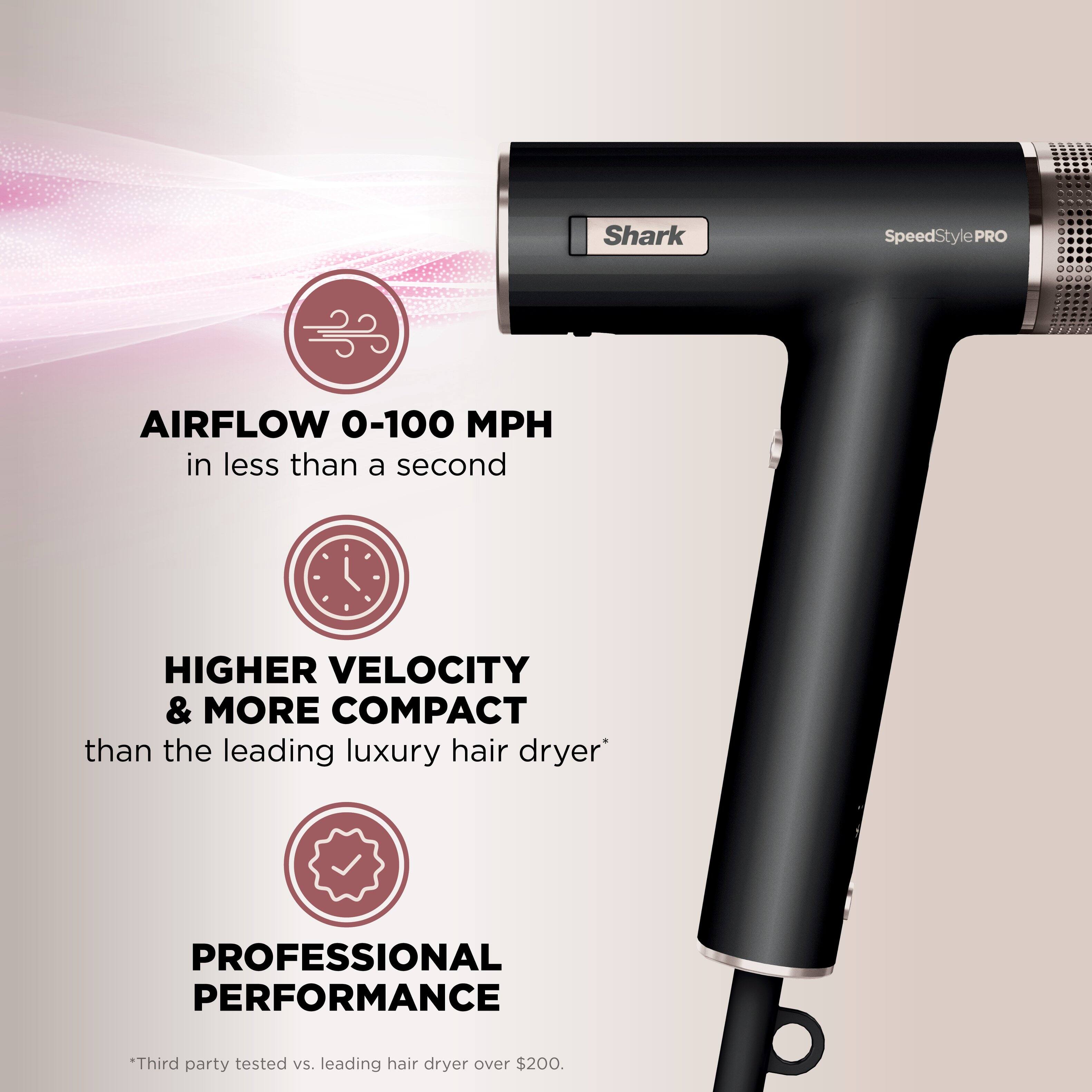 Shark SpeedStyle PRO:

* Airflow 0-100 MPH in less than a second
* Higher velocity & more compact than the leading luxury hair dryer
* Professional performance
* Third party tested vs. leading hair dryer over $200.