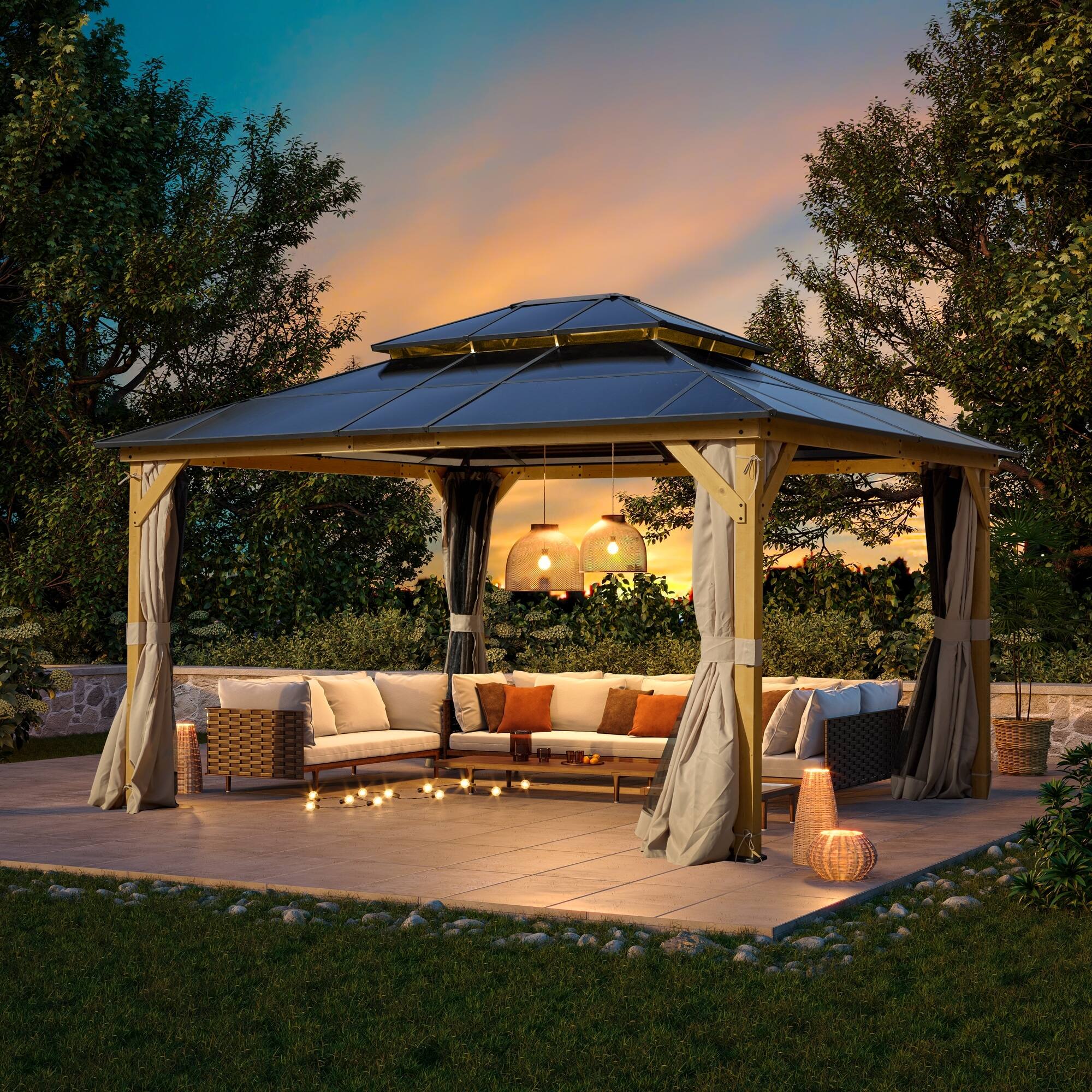 Angle. U-HOMY - Hardtop Wood Gazebo with Double Roof, Privacy Curtains, Netting, Hooks for Lighting & Ventilation - 12'x14'.