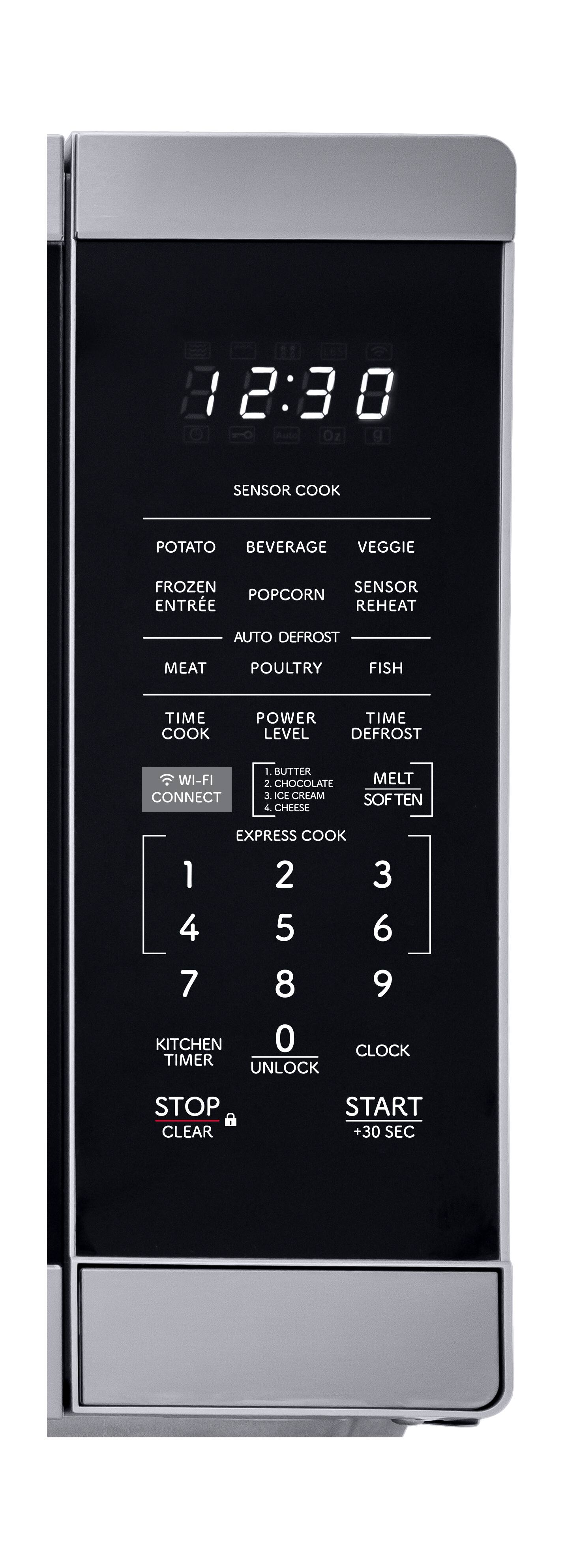8:23:00 SENSOR COOK  
POTATO BEVERAGE VEGGIE  
FROZEN ENTRÉE POPCORN SENSOR REHEAT  
AUTO DEFROST MEAT POULTRY FISH  
TIME COOK POWER LEVEL DEFROST  
WI-FI CONNECT  
1. BUTTER 2. CHOCOLATE 3. ICE CREAM 4. CHEESE MELT SOFTEN  
EXPRESS COOK 1 2 3 4 5 6 7 8 9  
KITCHEN TIMER UNLOCK CLOCK  
STOP CLEAR START +30 SEC