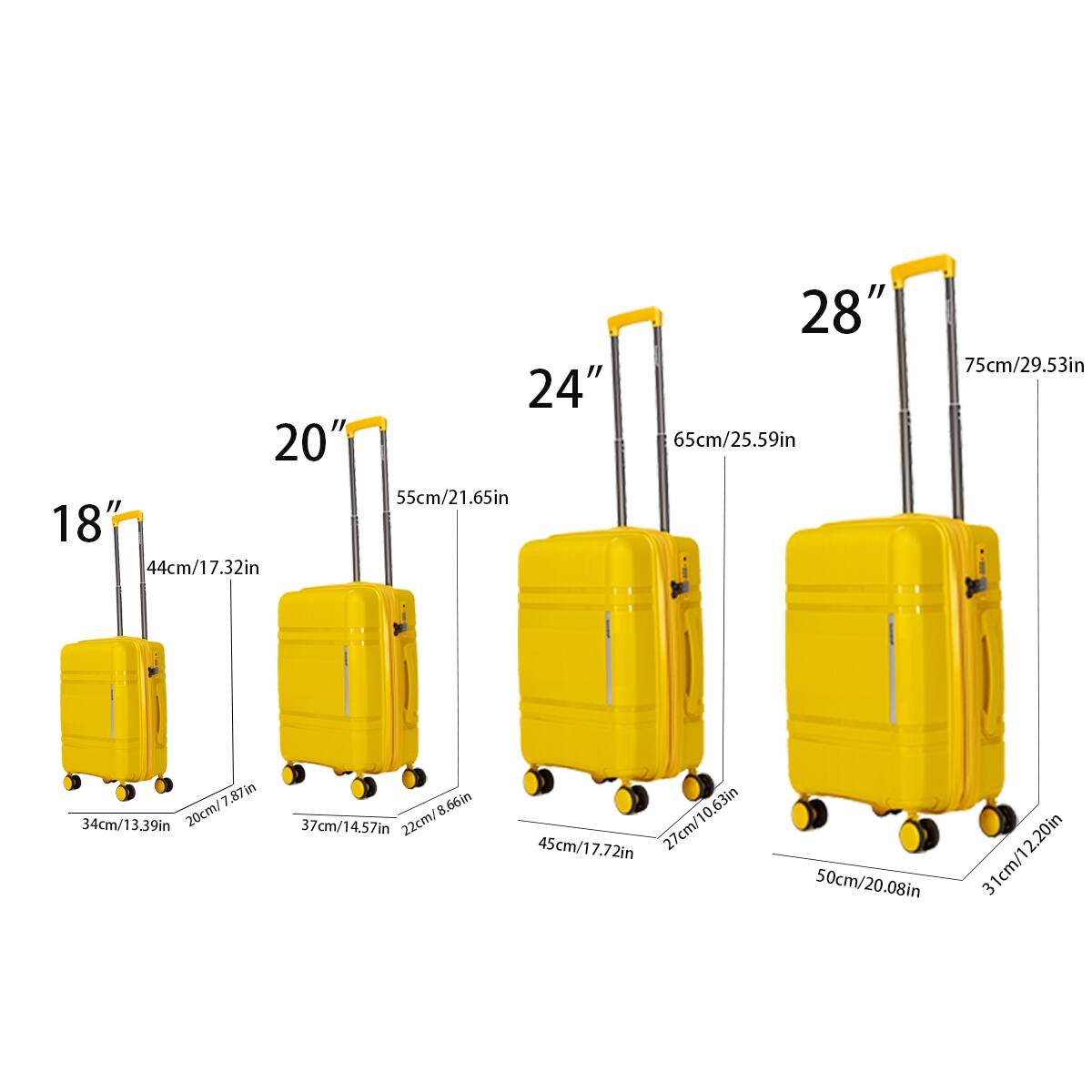 18"  
44cm/17.32in  
34cm/13.39in  
20cm/7.87in  

20"  
55cm/21.65in  
37cm/14.57in  
22cm/8.66in  

24"  
65cm/25.59in  
45cm/17.72in  
27cm/10.63in  

28"  
75cm/29.53in  
50cm/20.08in  
31cm/12.20in