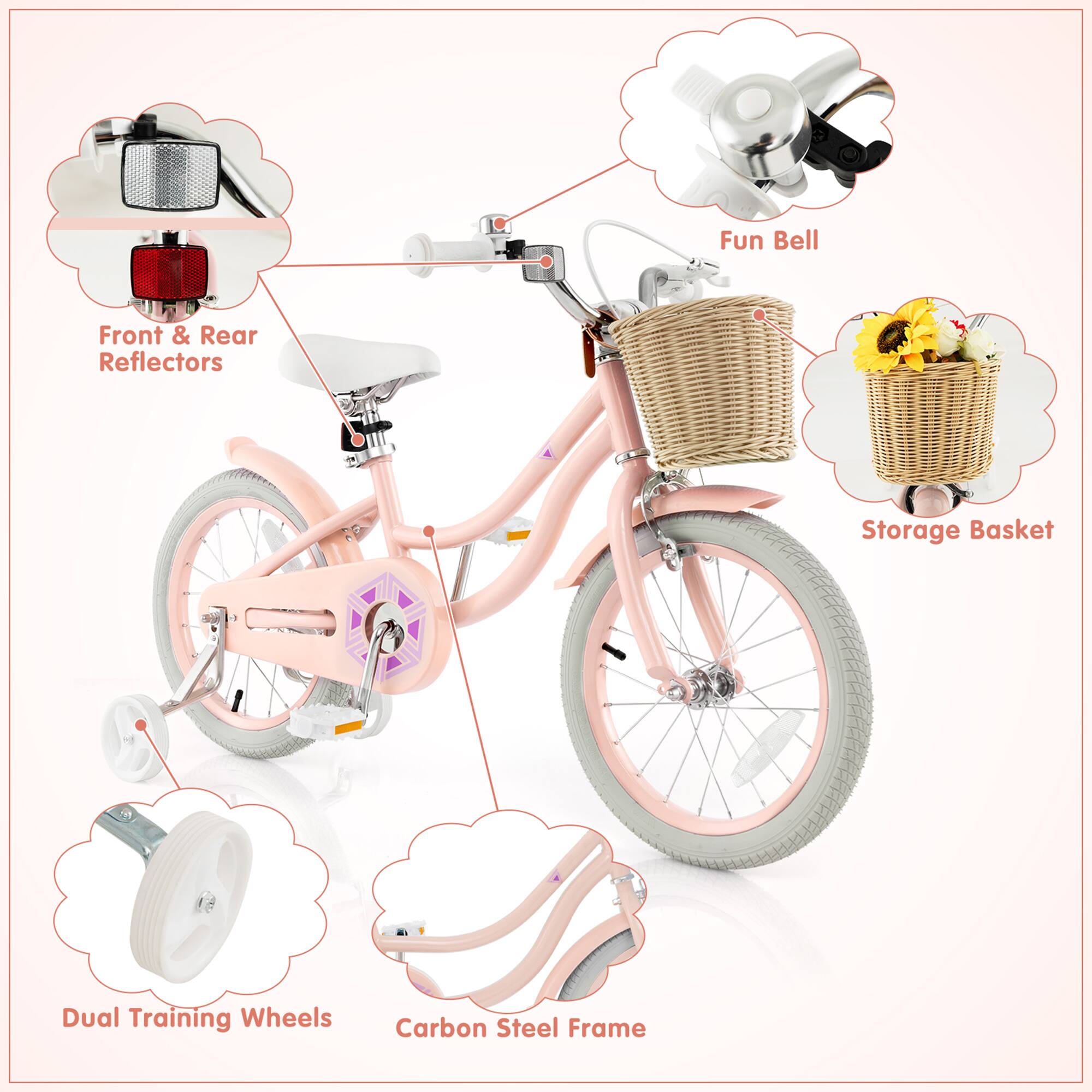 - Fun Bell
- Front & Rear Reflectors
- Storage Basket
- Dual Training Wheels
- Carbon Steel Frame