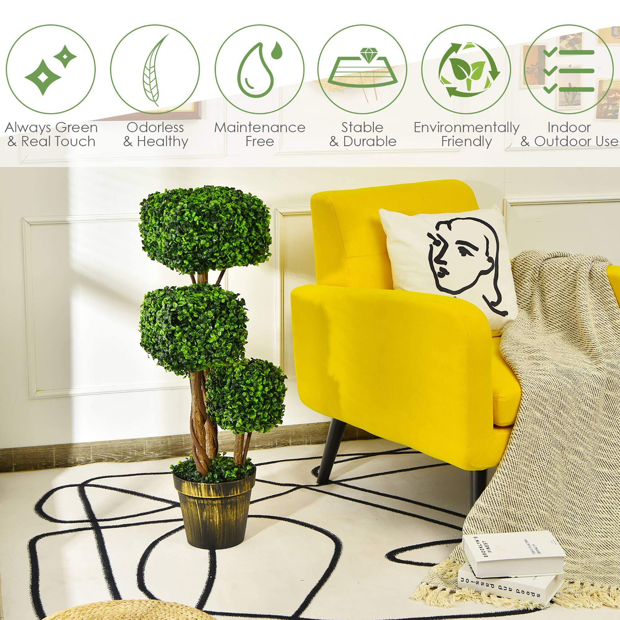 UE Always Green Odorless Maintenance Stable Environmentally Indoor & Real Touch & Healthy Free & Durable Friendly & Outdoor Use 2A7N2228 RONIA GTOE 9 I E

Corrected text:
- Always Green & Real Touch
- Odorless & Healthy
- Maintenance Free
- Stable & Durable
- Environmentally Friendly
- Indoor & Outdoor Use