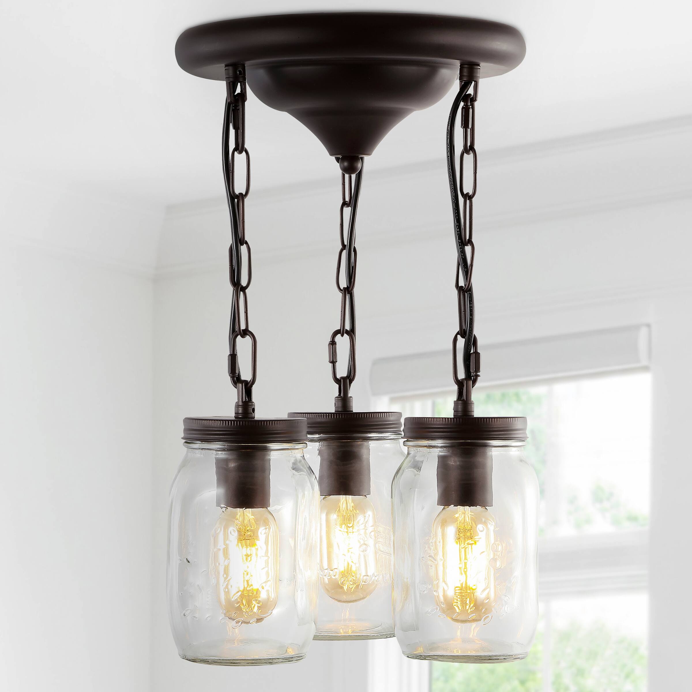 Alt View 1. Jonathan Y - Gaines 11" 3-Light Farmhouse Industrial Iron Mason Jar LED Semi Flush Mount, Oil Rubbed Bronze - Oil Rubbed Bronze.